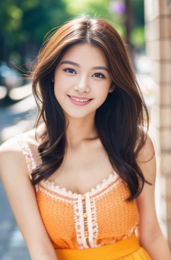 Beautiful woman with good eyes and nose、Beautiful as a model、Cute like a model、Eyes are double、How to use regular mascara、Eye color blue、Hair color pink、Her face is delicate and elegant.、8k picture、Beautiful style like a model、Ordinary large、A refreshing and lovely smile、Yellow blouse、plain orange mini skirt、A park-like place in a busy downtown area during school holidays、Sunny bright day、Pose like a model、Overall portrait、Snapshots、Glamaloid Smile、Beautiful and delicate face like a model、Best Quality、masuter piece、with a bright smile、In a gorgeous atmosphere、I have one summer orange。