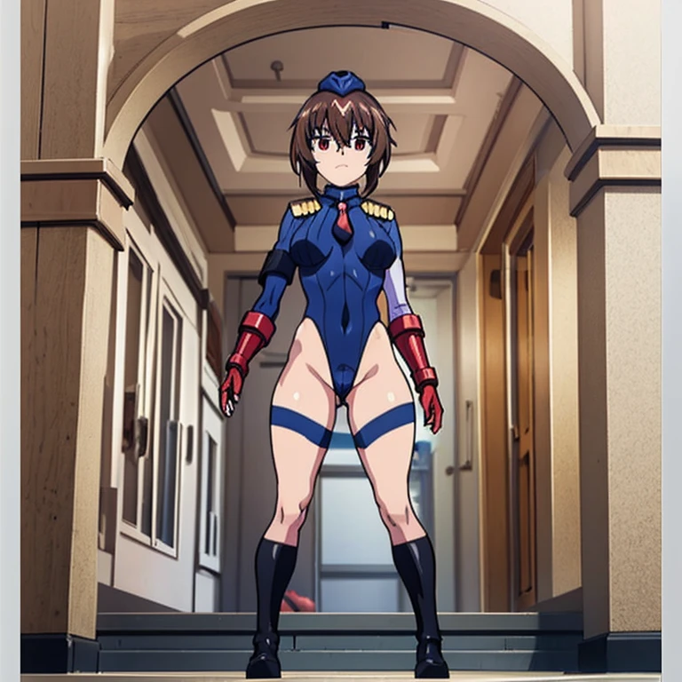 ultra-detailed, Explicit, Beautiful body, Beautiful Nose, Beautiful character design, perfect eyes, perfect face, ultra highres, 4K, beautiful legs, perfect legs, Nice hands, Perfect hand, Masterpiece, Best Quality, Highly detailed, illustration, absurdres, perfect anatomy, street fighter, doll suit, shadaloo doll, dollsuit, expressionless, blank eyes, looking at viewer, red gloves, emotionless, black latex, corrution, mind control, female combatant, full body, hypnotized, unhappy trance, full body suit, ribbed bodysuit, both arms at side, obey, perfect female body, extremely glossy latex, hypnosis, hypnoLora, empty eyes, Mind control device, poses, submissive_pose, Slave, kneeling down straight, kneeling down, kneeling down at attention, hat, necktie, belt, latex, ribbed bodysuit, thighhighs, garter belt, Fighting Stance, extending the right arm from the shoulder into the air with a straightened hand, military, thigh boots, hair ornaments, red hair, medium hair, red eyes, (((pixel-perfect, detail-perfect))), solo, 1girl, Haru Kasukabe, Tokyo 7th シスターズ, hairband, ribbon, salute, saluting, military saluting