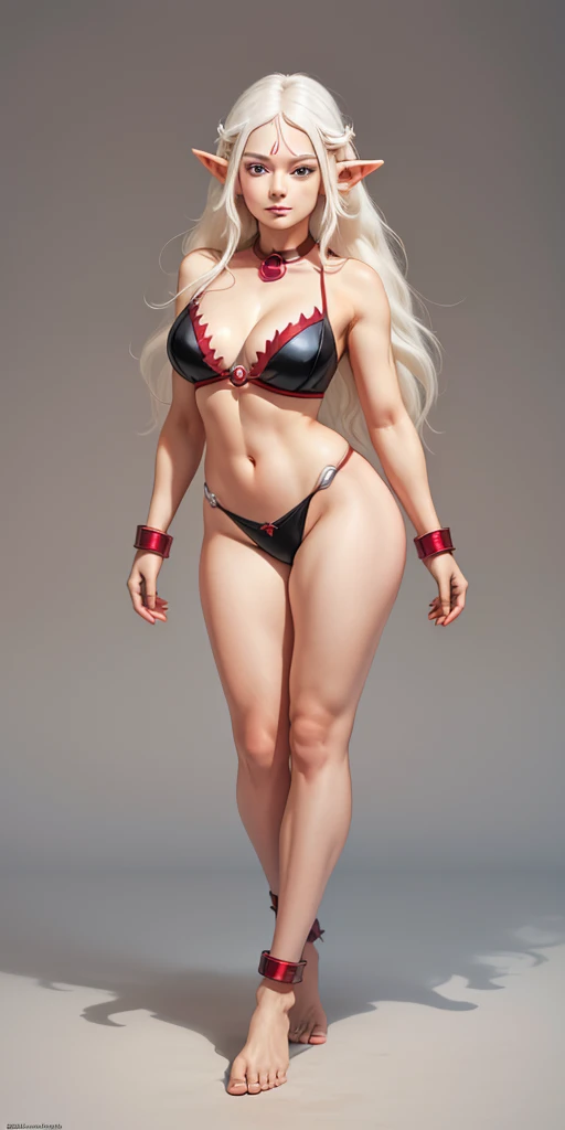 full body standing symmetrical barefeet ((black skin elf girl))), (((red ruby eyes))), (((long white hair))), (((breasts:1.2))), (((solo))), shackles on legs and arms together