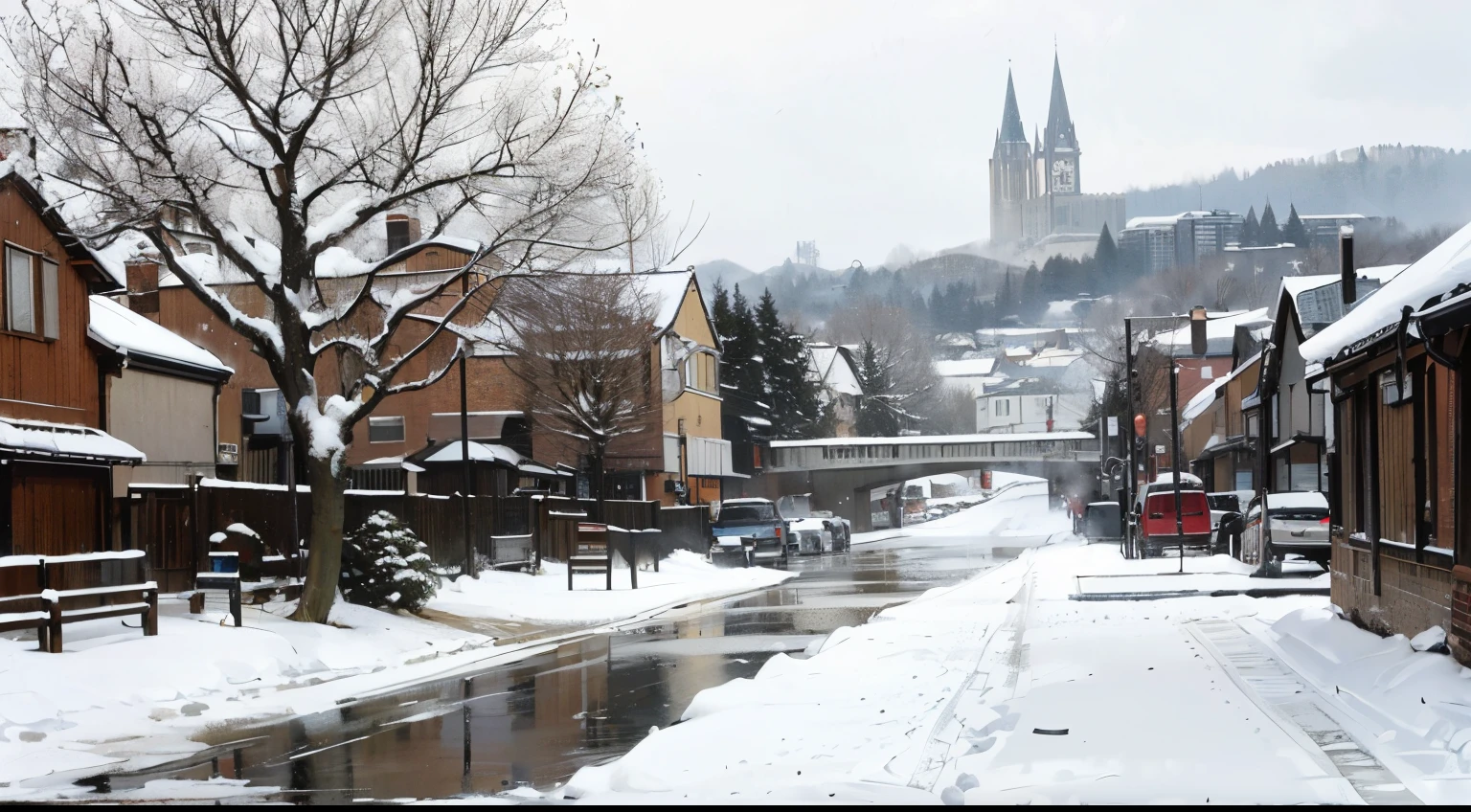 ((Best Quality)), ((masutepiece)),Seen from the front、British cityscape covered in snow、during daytime、with no people