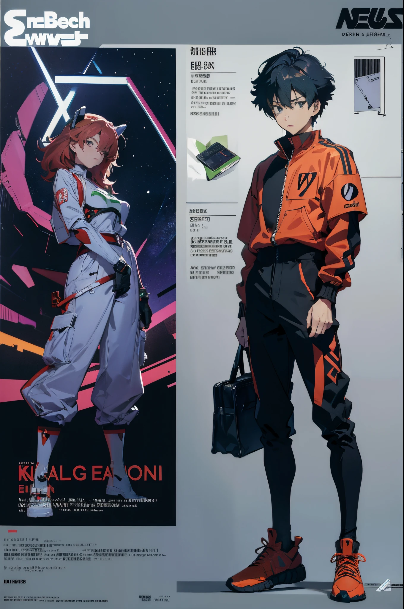 line-art, art book, design sheet, 8k, best quality, design, equipment design, Evangelion, eva, cowboy bebop, geometry, wearing Yeezy fashion, starwars