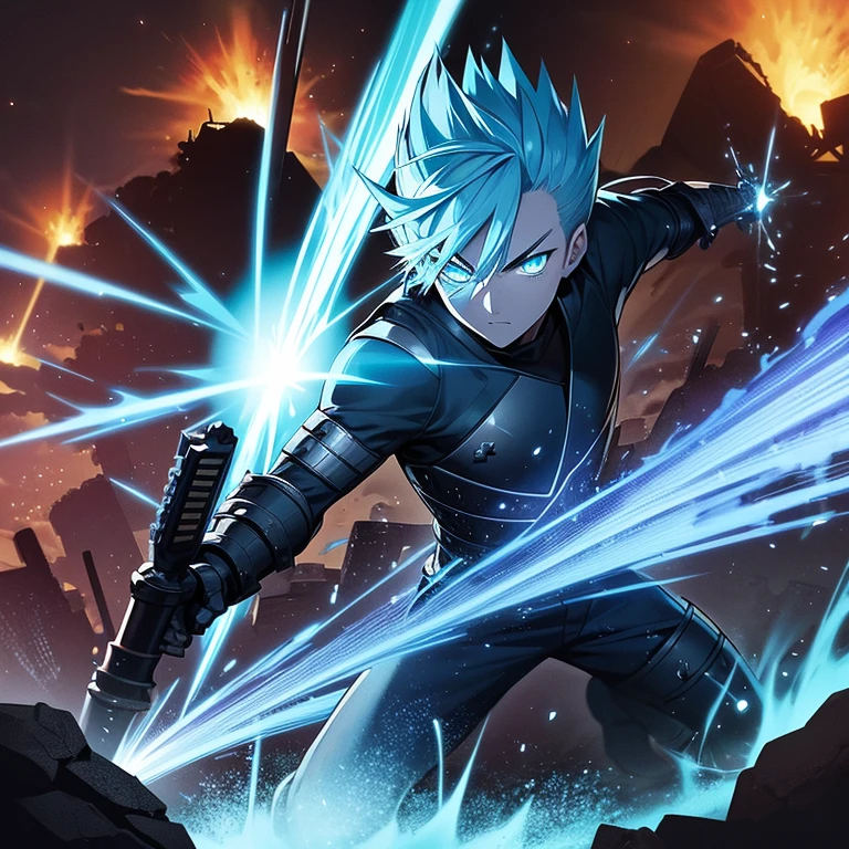 A age samurai with cyan spiked hair and glowing cyan eyes wearing damaged dark blue armor screaming with lightning striking his body in a destroyed ancient Japanese city with debris on the ground and lighting striking in the sky