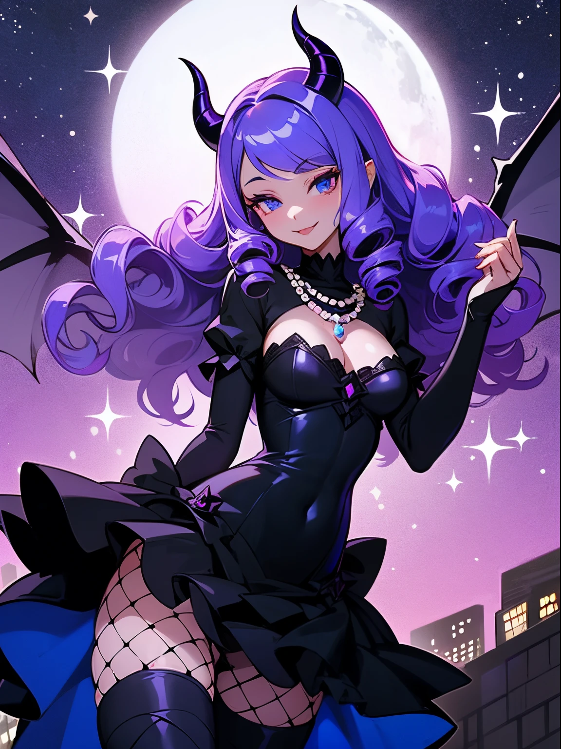 A beautiful and sexy woman with long wavy violet hair, drill curls, side-swept bangs, sharp blue eyes, light skin, smile, wearing a sparkly black dress, fishnet stockings and pearl necklace, there's two black devil horns on her head, and she also has a black devil tail and black demon wings, she's standing in the city at nighttime