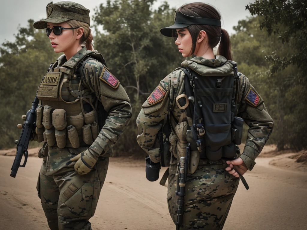 sexy, millitary, us soldier, plate carrier, gun, M4A1 rifle, baseball hat, black uniform, lots of pockets, long hair sticking out the back of baseball hat, stronge arms, in combat,, tinted combat sunglasses, bandana, combat gloves, ponytail, two girls, jungle backround, high def, 8k, night time, holosight scope, looking through scope,combat boots, having good time, gun on sling, gun on chest, natural boobs'