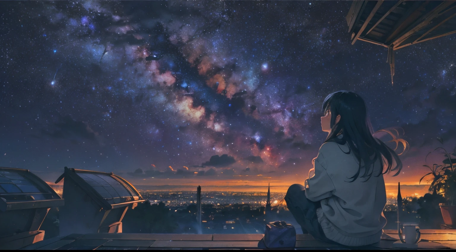 octans, sky, star (sky), scenery, starry sky, night, 1girl, night sky, solo, outdoors, building, cloud, milky way, sitting, tree, long hair, city, silhouette, cityscape --auto --s2
