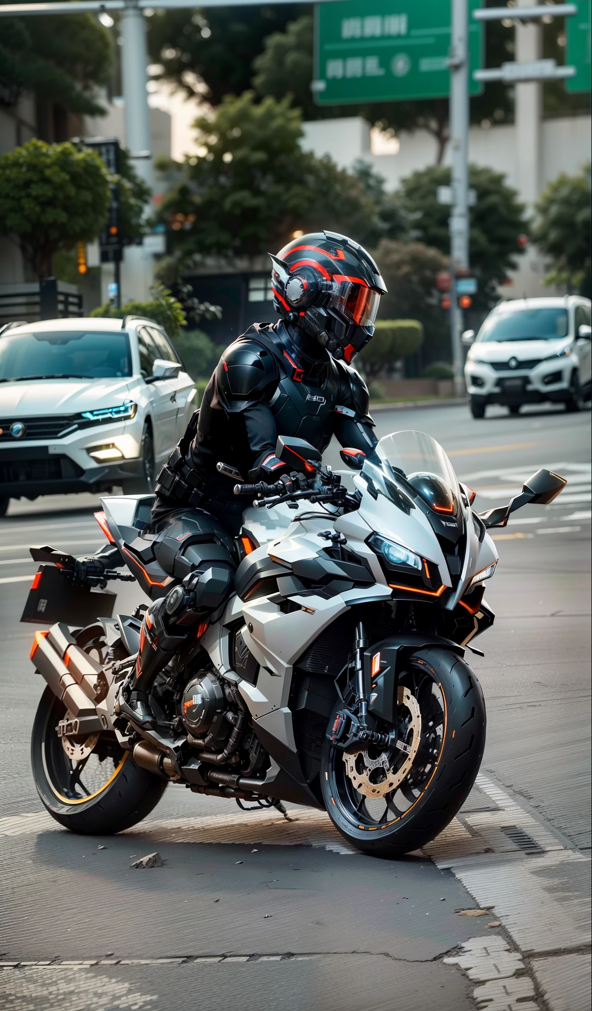 Powerful black mecha cyber warrior,Information mechanical motorcycle,High-tech black full enveloping helmet,Noor, Biomechanical SHN Robot Man,High-tech helmet,hyper realisitc, steel, Complex design, Very detailed very detailed, The lines are extremely clear, 电影灯光, Live photos, A Detailed Masterpiece