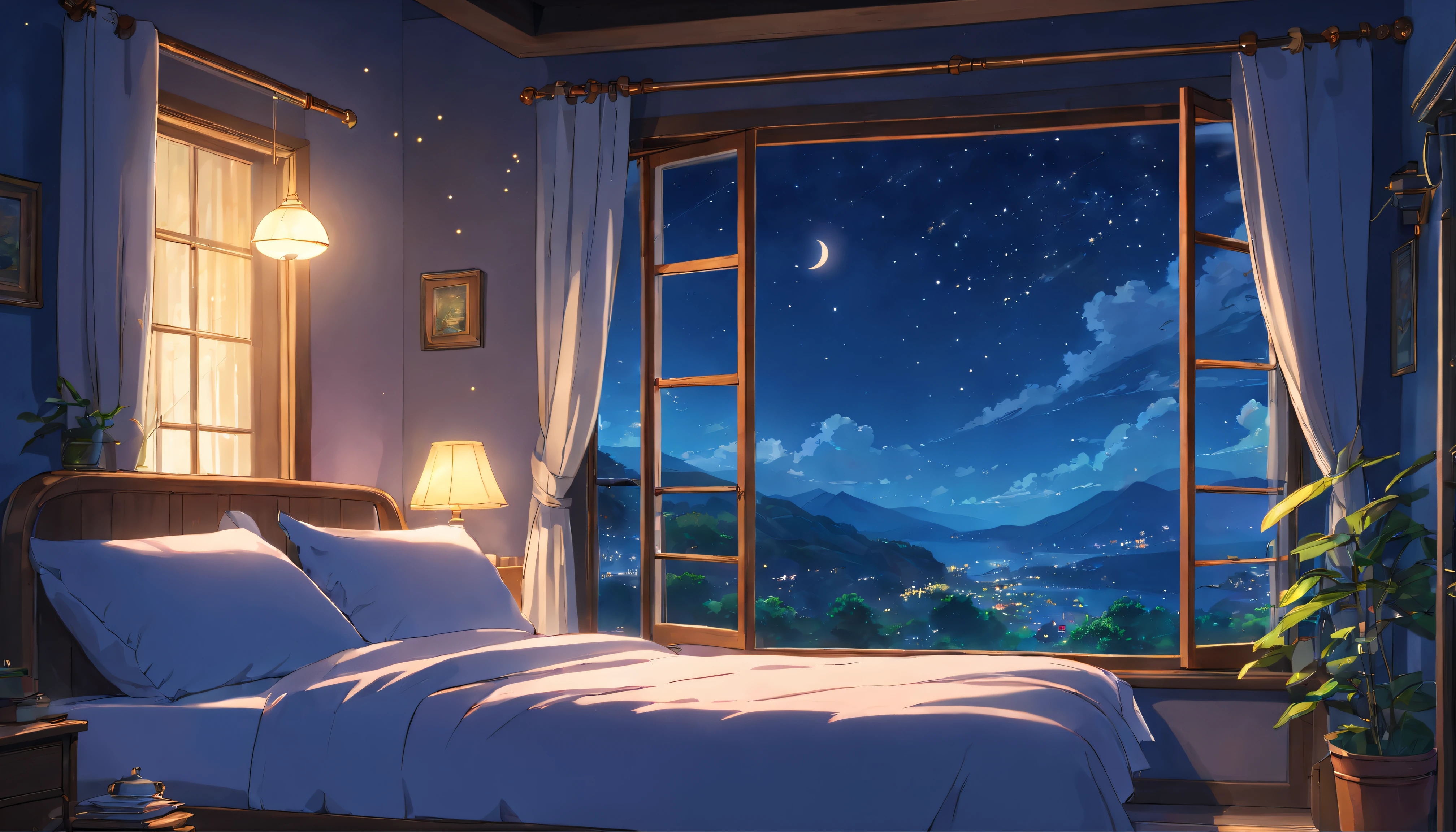 (best quality,4k,8k,highres,masterpiece:1.2),ultra-detailed,(realistic,photorealistic,photo-realistic:1.37),girl sleeping in bed,cozy room,lanscape view from window at night,beautiful detailed lips,and face,long lashes,soft and comfortable bed,fluffy pillows and blanket,soft ambient lighting,night scene outside the window,dark blue sky with sparkling stars,faint moonlight,serene atmosphere,nighttime ,soft curtains framing the window,gentle breeze entering the room,relaxing and calming ambiance