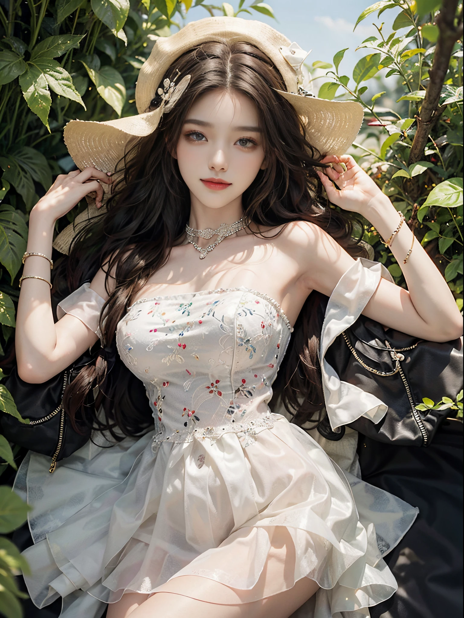 Sweet girl clothes4,strapless dress,jewelry, fashi-girl, ((cowboy shot)), A beautyful girl, a young female model, Random pose, posing elegantly, visually appealing, tmasterpiece, (Best quality at best, 4K, 8K, A high resolution, tmasterpiece:1.2), a warm color palette, ultra - detailed, Ultra-fine painting, delicated face, long slim figure, slim, largeeyes, pretty eyes, Hefty Smile, Random shooting angle, Random scenes