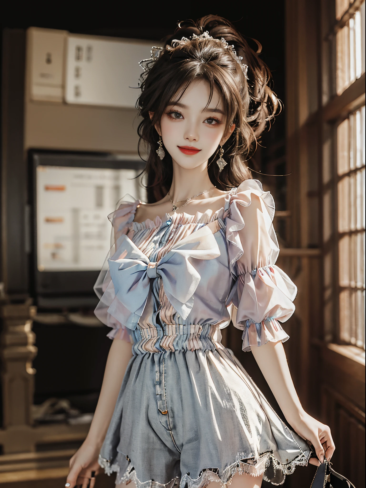 Sweet girl clothes7,skirt, fashi-girl, ((cowboy shot)), A beautyful girl, a young female model, Random pose, posing elegantly, visually appealing, tmasterpiece, (Best quality at best, 4K, 8K, A high resolution, tmasterpiece:1.2), a warm color palette, ultra - detailed, Ultra-fine painting, delicated face, long slim figure, slim, largeeyes, pretty eyes, Hefty Smile, Random shooting angle, Random scenes