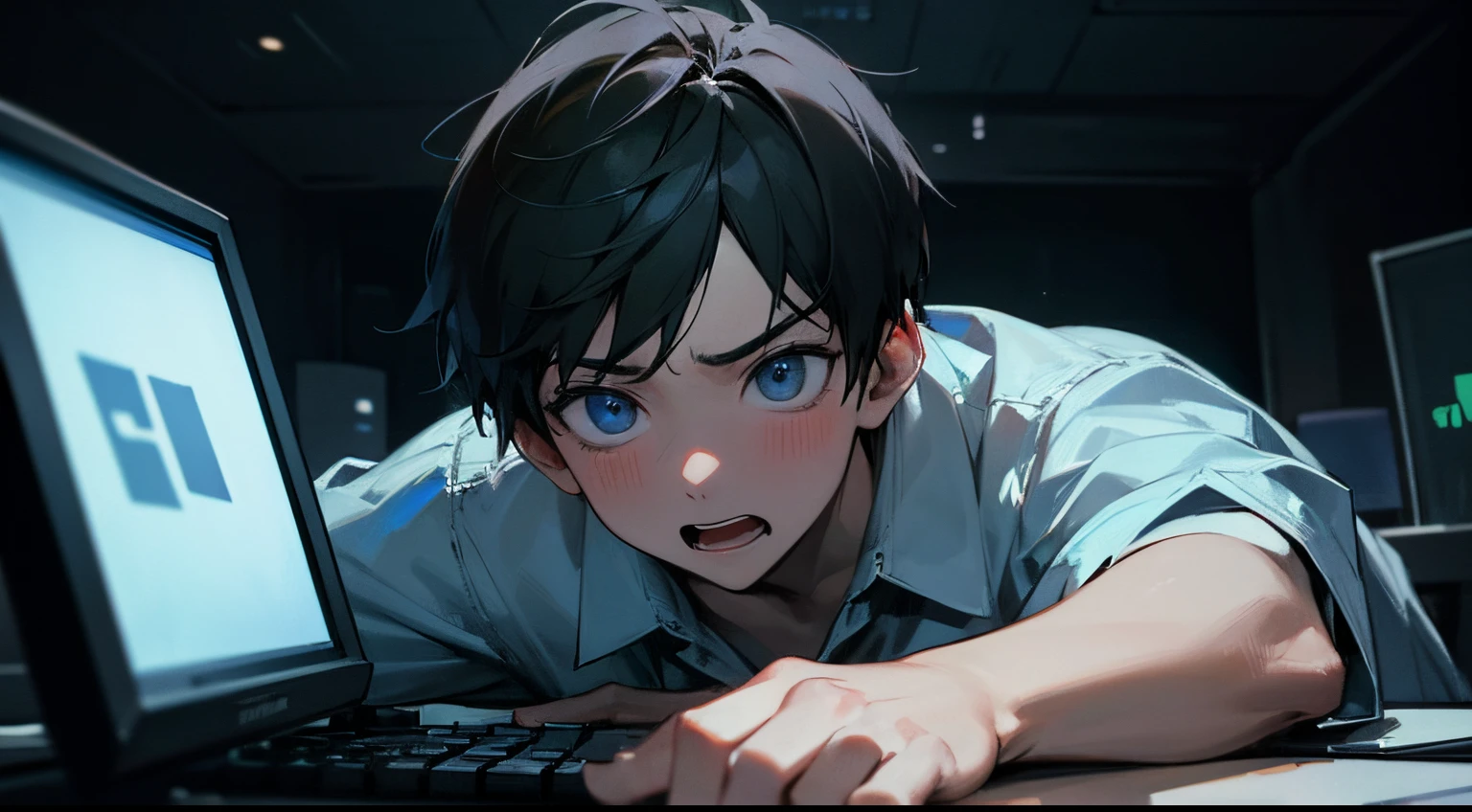 masterpiece, best quality, high resolution, 1boy, gamer, scared face, playing the game, computer