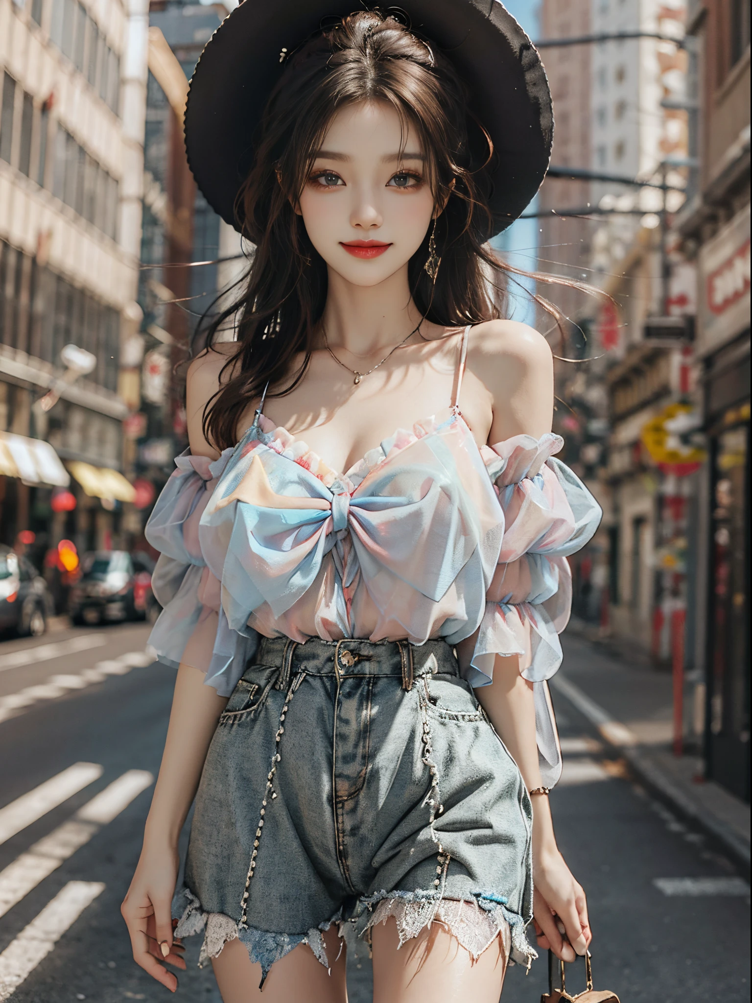 Sweet girl clothes7,skirt, fashi-girl, ((cowboy shot)), A beautyful girl, a young female model, Random pose, posing elegantly, visually appealing, tmasterpiece, (Best quality at best, 4K, 8K, A high resolution, tmasterpiece:1.2), a warm color palette, ultra - detailed, Ultra-fine painting, delicated face, long slim figure, slim, largeeyes, pretty eyes, Hefty Smile, Random shooting angle, Random scenes