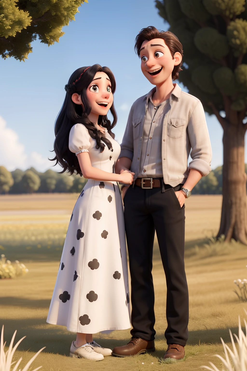 2023 Western couple, taking pictures outside between trees in a field, a woman is wearing a dress has long black hair laughing at each other, black-and-white image