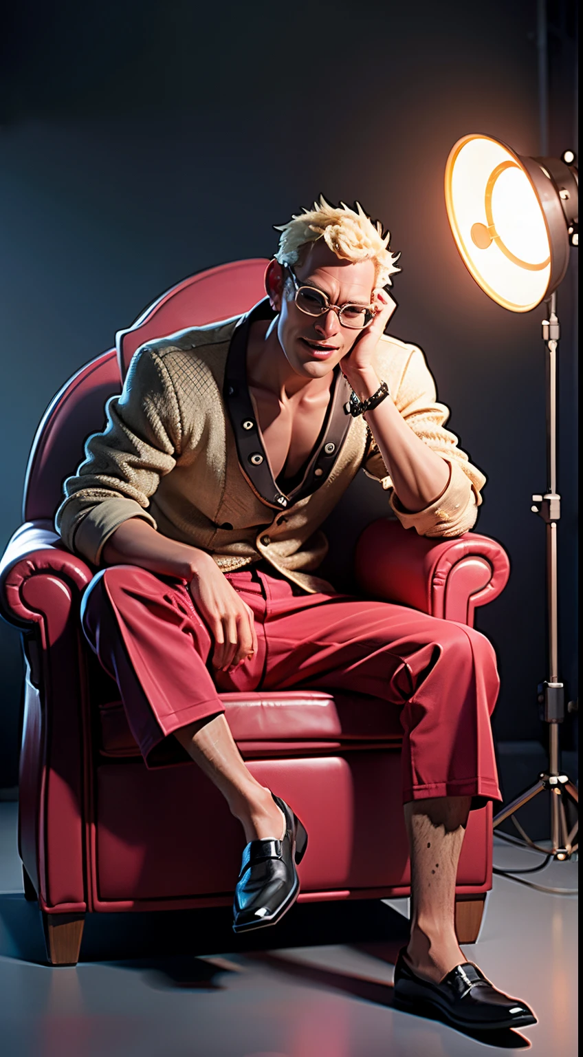 doffy sitting ond chair, behind the scene of doffy taking picture in photo studio, shoot by profesional photografer, (dynamic pose:1.2), ((masterpiece, best quality)), cinematic lighting, professional lighting, simple grey background