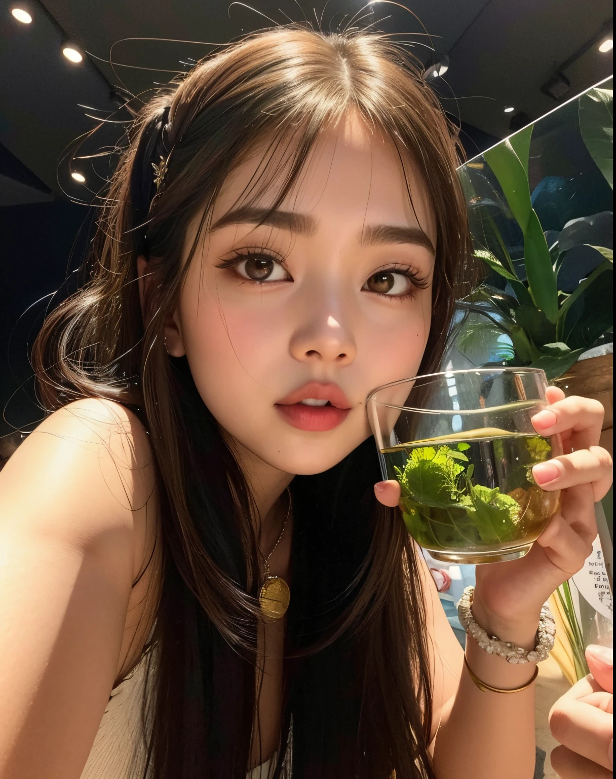 there is a woman holding a glass of water with a plant inside, jennie blackpink, Parque Roseanne do Blackpink, jossi do blackpink, Gongbi, Lalisa Manoban do Blackpink, Jaeyeon Nam, Parque Ji-min, Lee Ji-eun, Lee Ji - Eun, jisoo do blackpink, Lalisa Manobal, Jinyoung Canela