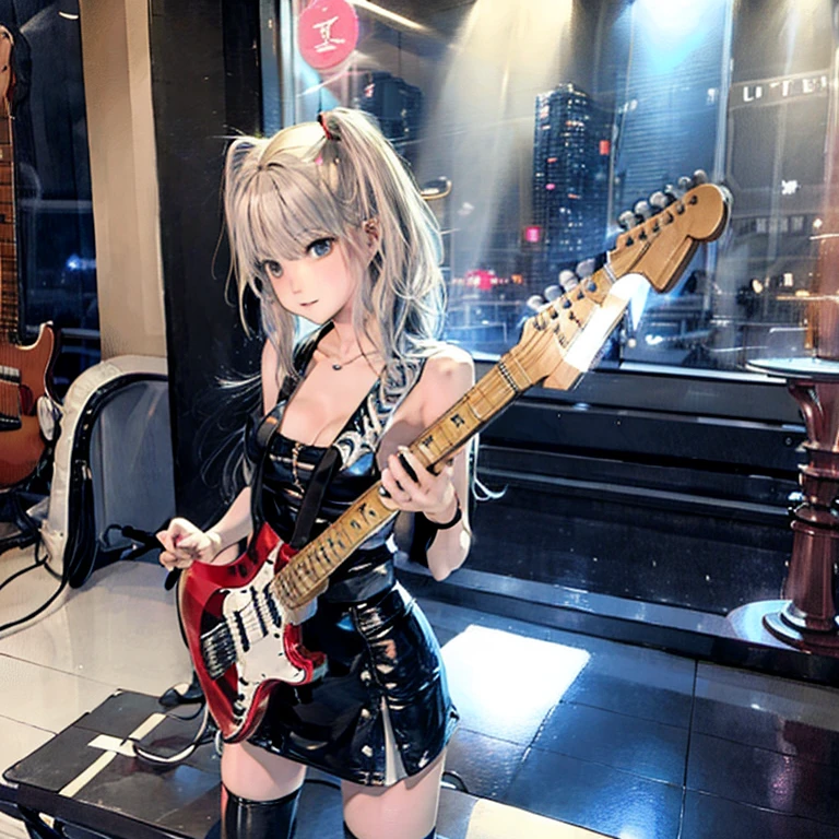 Rocker nude girl playing electric guitar in moonlight