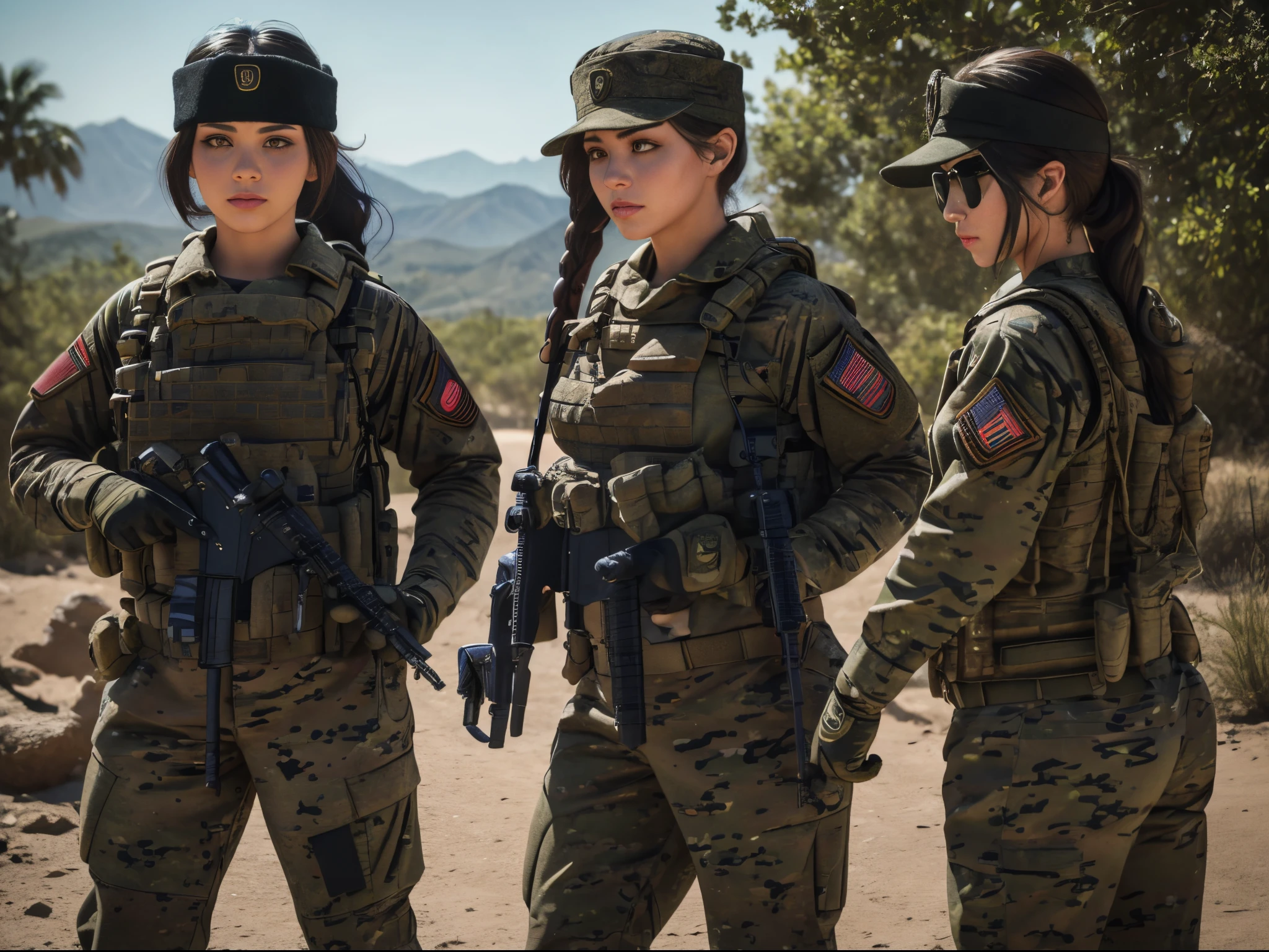 sexy, millitary, us soldier, plate carrier, gun, M4A1 rifle, baseball hat, black uniform, lots of pockets, long hair sticking out the back of baseball hat, stronge arms, in combat,, tinted combat sunglasses, bandana, combat gloves, ponytail, two girls, jungle backround, high def, 8k, night time, holosight scope, looking through scope,combat boots, having good time, gun on sling, gun on chest, natural boobs, having good time,