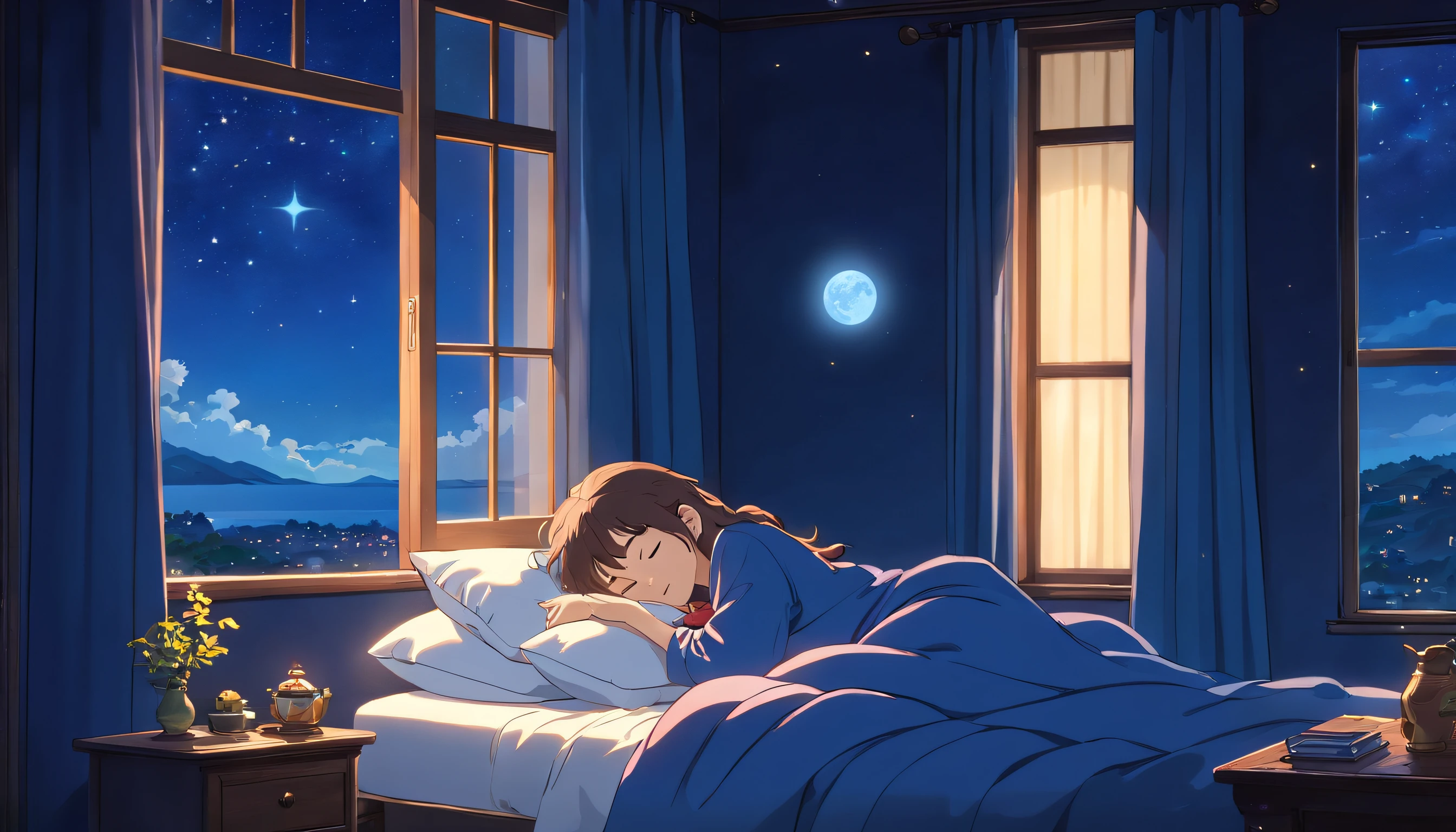 (best quality,4k,8k,highres,masterpiece:1.2),ultra-detailed,(realistic,photorealistic,photo-realistic:1.37),girl sleeping in bed,cozy room,lanscape view from window at night,beautiful detailed lips,and face,long lashes,soft and comfortable bed,fluffy pillows and blanket,soft ambient lighting,night scene outside the window,dark blue sky with sparkling stars,faint moonlight,serene atmosphere,nighttime ,soft curtains framing the window,gentle breeze entering the room,relaxing and calming ambiance