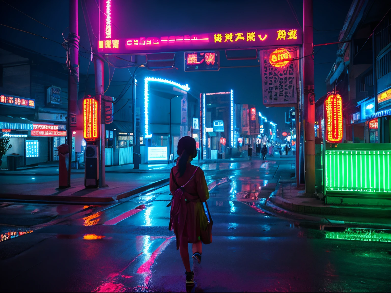 A sci-fi Chinese town filled with neon lights