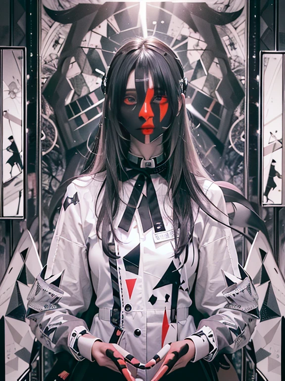 Black and white,really beautiful alice,Selfie、Bust,Broken mirror,Black and white split,red tear rack and white paint,Broken,White the、with sublevel rack,Eroded by darkness and light,Woman、Holding a knife、Symetrical、wingspan、angelicales、alice in the wonderland、Floating in the air