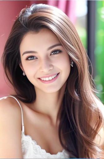 Beautiful woman with good eyes and nose、Beautiful as a model、Cute like a model、Eyes are double、How to use regular mascara、Eye color blue、Hair color pink、Her face is delicate and elegant.、imagem 4k、Beautiful style like a model、Ordinary large、A refreshing and lovely smile、Pose like a model、Overall portrait、Snapshots、Glamaloid Smile、Beautiful and delicate face like a model、Best Quality、masuter piece、in a bright room、
