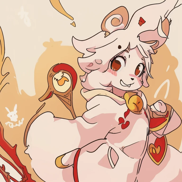 ( female white bunny)  ( white cloak with golden on it ) ( stars symbol on her chest) ( long bunny earluffy)( forest cover in snow  )  ( holding a staff and while being follow ) ( covered in blood) ( cocky grin)