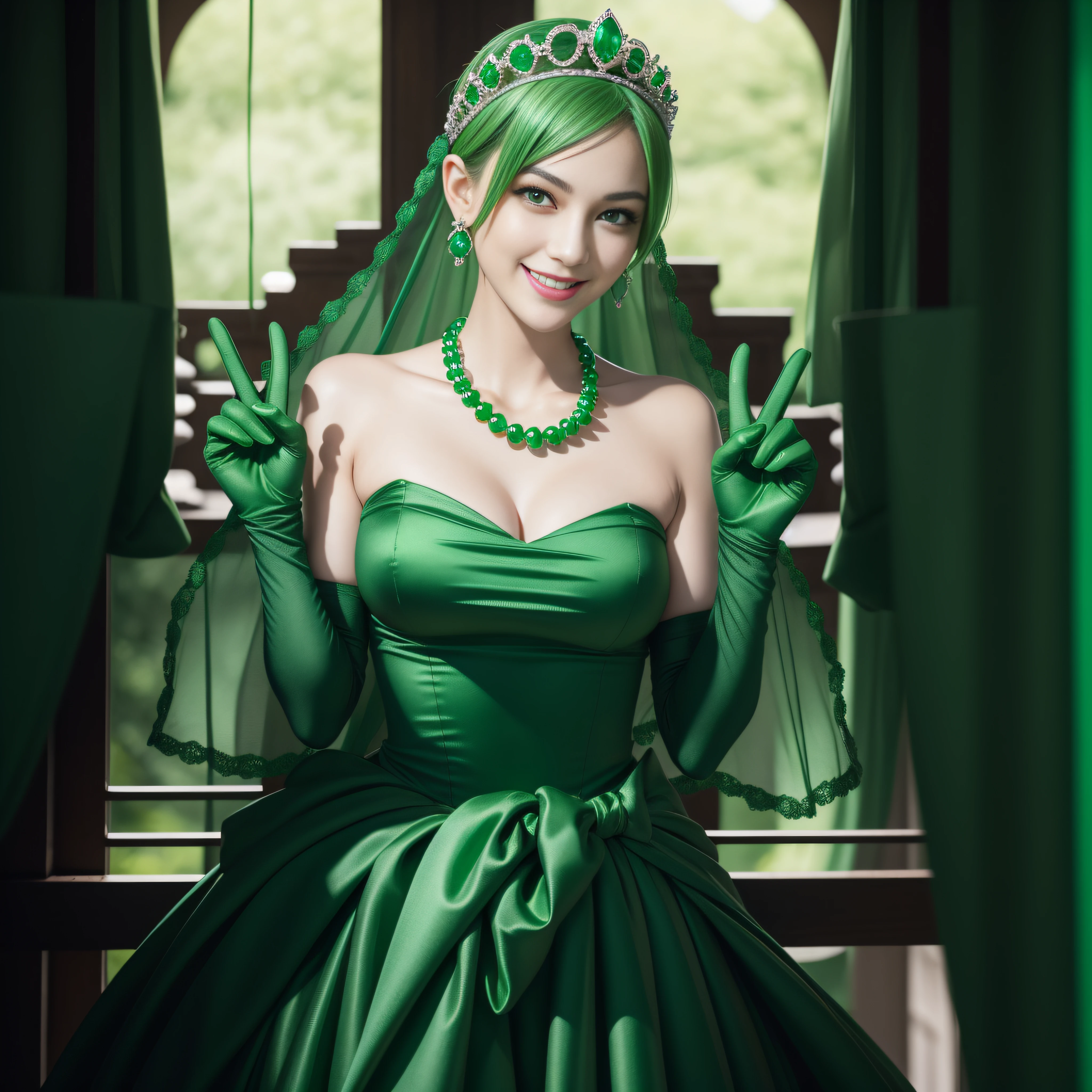 emerald tiara, Green Pearl Necklace, Boyish very short green hair, lipsticks, Japan woman smiling, very short short hair, big breasts beautiful, Green eyes, Long green gloves made of satin material, Green eyes, Emerald Earrings, green vale, v sign