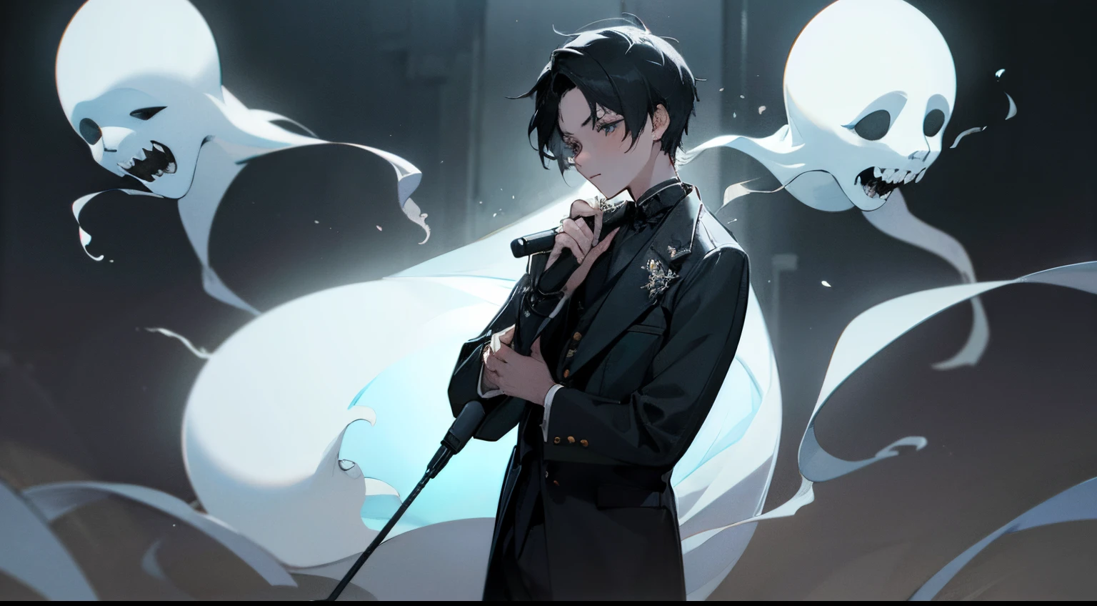 masterpiece, best quality, high resolution, 1boy, 16 years, calm face, costume, microphone in hands, ghosts on background, scary background, gloomy background, fog
