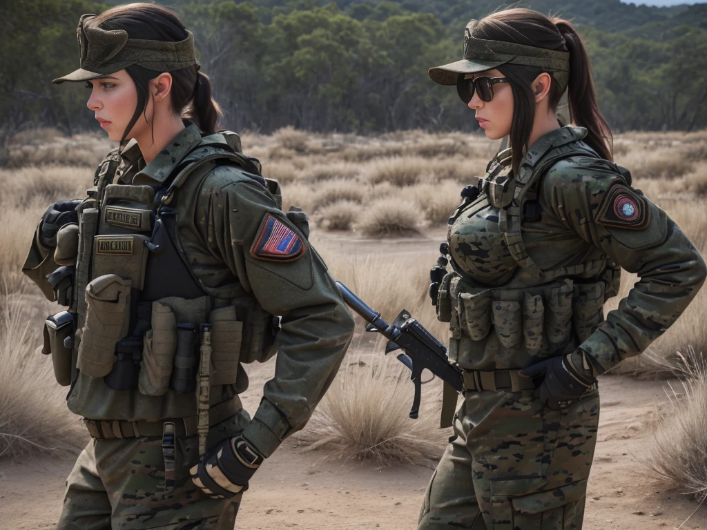 sexy, millitary, us soldier, plate carrier, gun, M4A1 rifle, baseball hat,  black uniform, lots of pockets, long hair sticking out the back of baseball hat,  stronge arms, in combat,, tinted combat sunglasses, bandana, combat gloves, ponytail, two girls, jungle backround, high def, 8k, night time, holosight scope, looking through scope,combat boots, having good time, gun on sling, gun on chest, natural boobs, having good time, pistol on leg, black rifle, longe barrel,