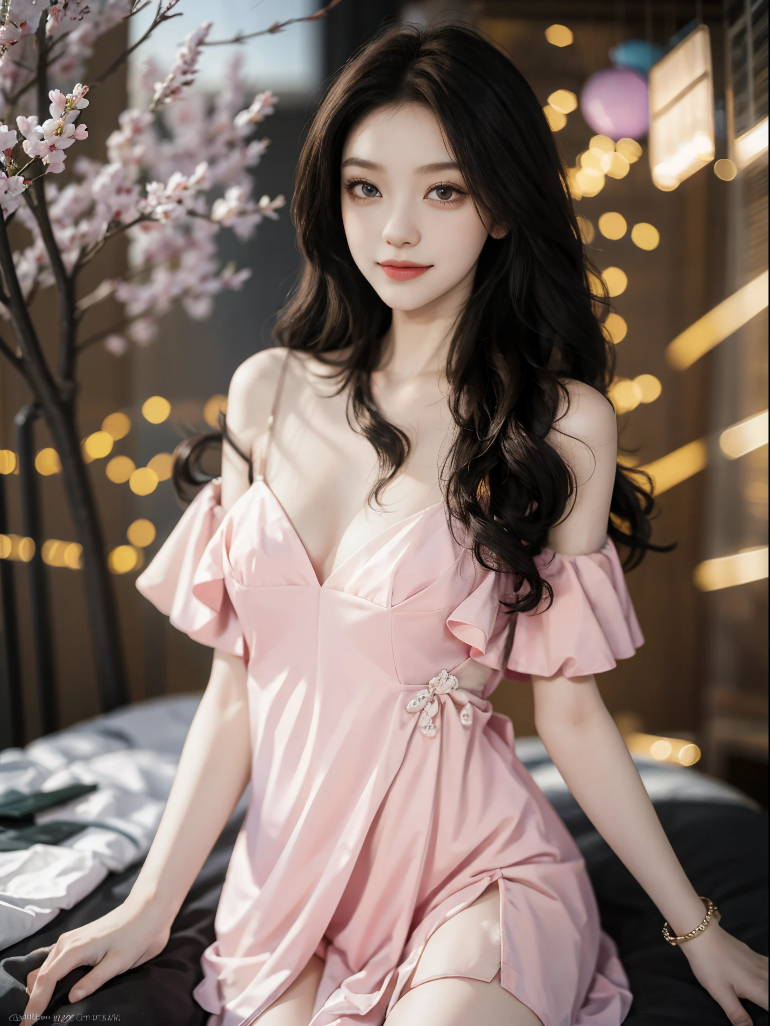 MiS5, fashi-girl, ((cowboy shot)), A beautyful girl, a young female model, Random pose, posing elegantly, visually appealing, tmasterpiece, (Best quality at best, 4K, 8K, A high resolution, tmasterpiece:1.2), a warm color palette, ultra - detailed, Ultra-fine painting, delicated face, long slim figure, slim, largeeyes, pretty eyes, Hefty Smile, Random shooting angle, Random scenes
