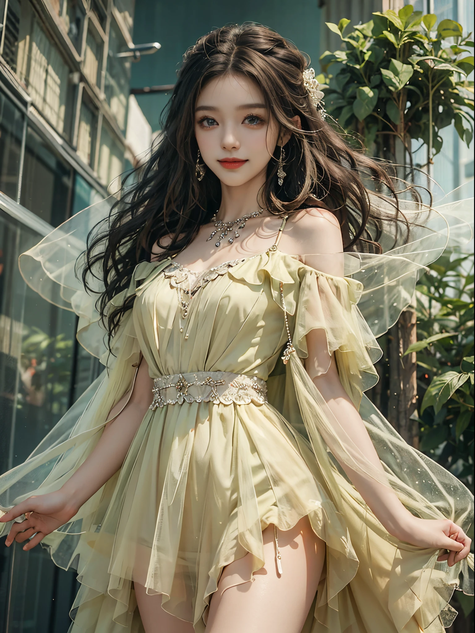 Sweet girl clothes9,yellow dress,, fashi-girl, ((cowboy shot)), A beautyful girl, a young female model, Random pose, posing elegantly, visually appealing, tmasterpiece, (Best quality at best, 4K, 8K, A high resolution, tmasterpiece:1.2), a warm color palette, ultra - detailed, Ultra-fine painting, delicated face, long slim figure, slim, largeeyes, pretty eyes, Hefty Smile, Random shooting angle, Random scenes