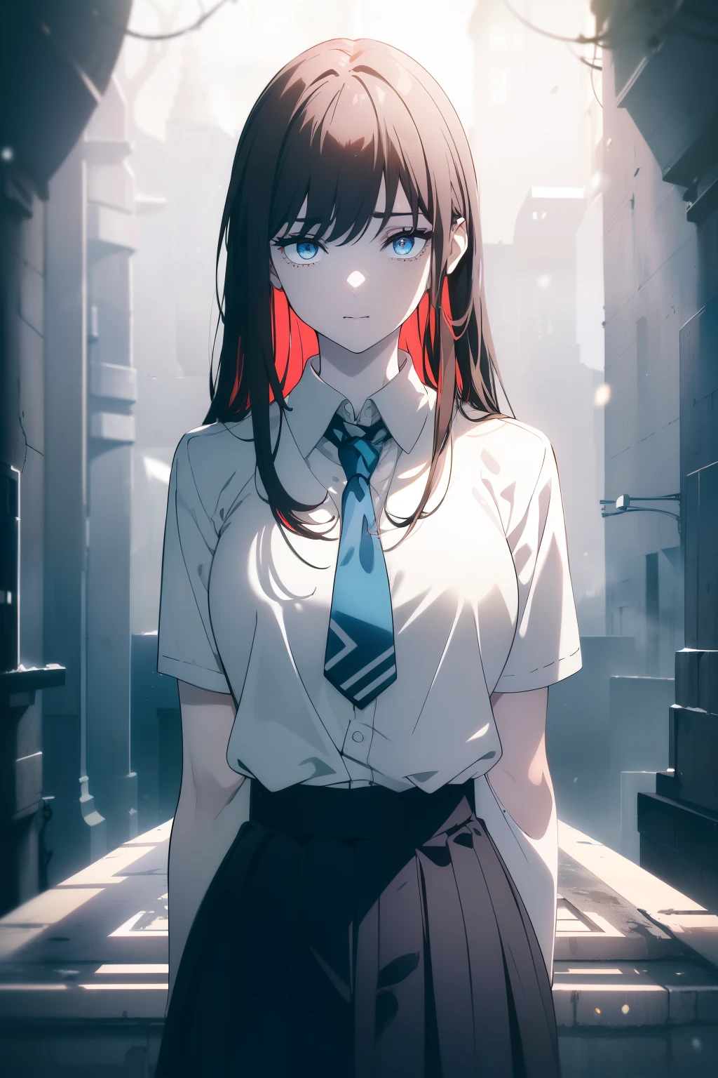 (Obra maestra, La mejor calidad, ultrahigh resolution), 1girl, standing, school uniform, white office shirt, black pleated skirt, ((light brown, light brown hair:0.7), long hair cut, pale skin, ((blue eyes)), glowing_eyes, neon eyes, (ultra detailed eyes, beautiful and detailed face, detailed eyes), (((centered))), smile, ((wide shot)), facing viewer, eye level, (blurry background, bright snowy background, winter), flat chested, looking directly at viewer, ((half closed eyes)), ((perfect hands)), (((head, arms, hips, elbows, in view))), ((hands behind back)), empty eyes, beautiful lighting, outside, outdoors, background, defined subject, 25 years old,