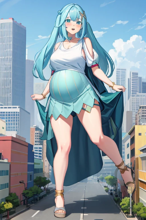 Giant maiden，Moe two-dimensional style，Pregnancy status，Round belly，Gaze at the bustling city, Lying down, Burp, Casual clothes, Full body