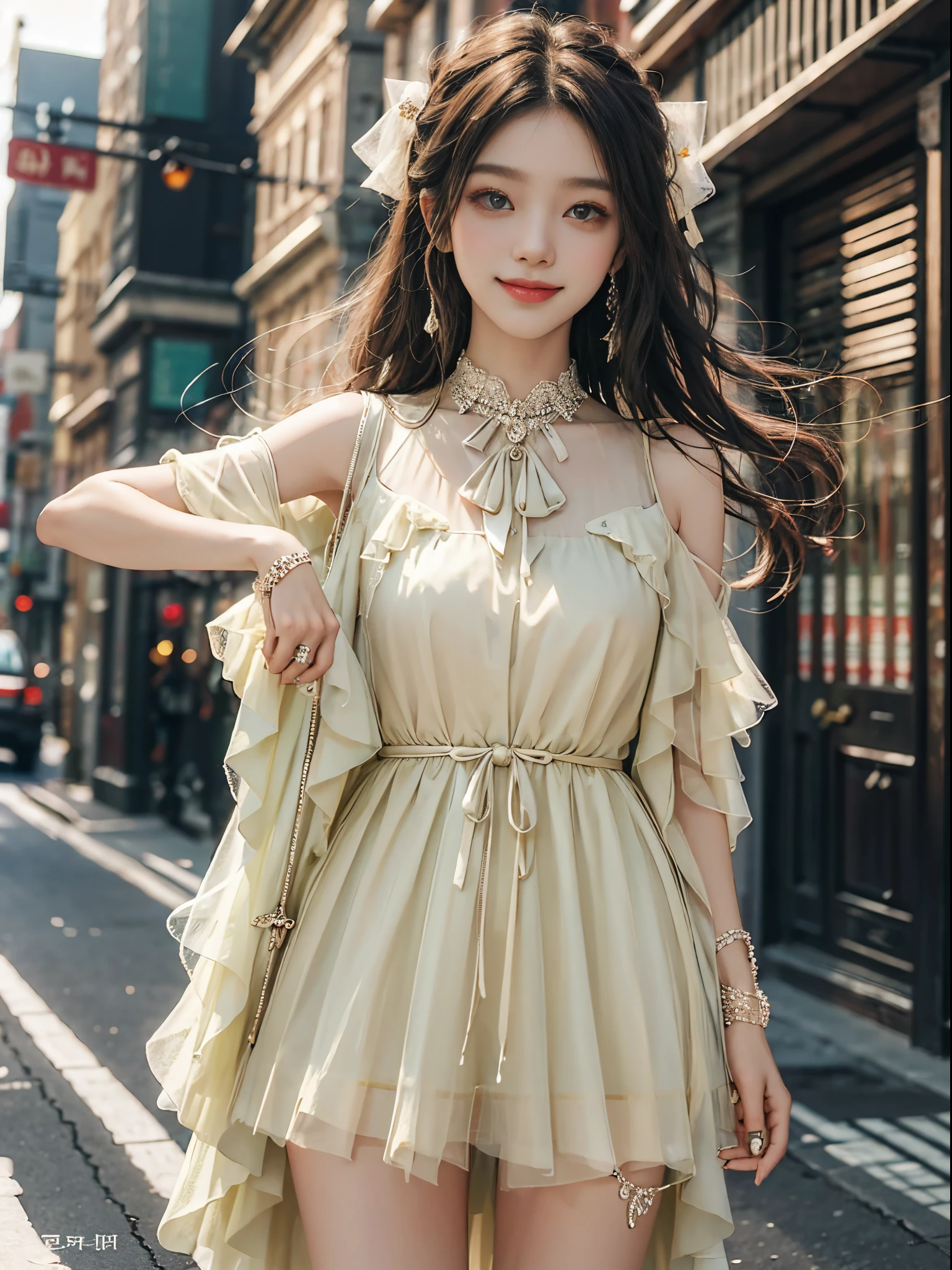 Sweet girl clothes9,yellow dress,, fashi-girl, ((cowboy shot)), A beautyful girl, a young female model, Random pose, posing elegantly, visually appealing, tmasterpiece, (Best quality at best, 4K, 8K, A high resolution, tmasterpiece:1.2), a warm color palette, ultra - detailed, Ultra-fine painting, delicated face, long slim figure, slim, largeeyes, pretty eyes, Hefty Smile, Random shooting angle, Random scenes