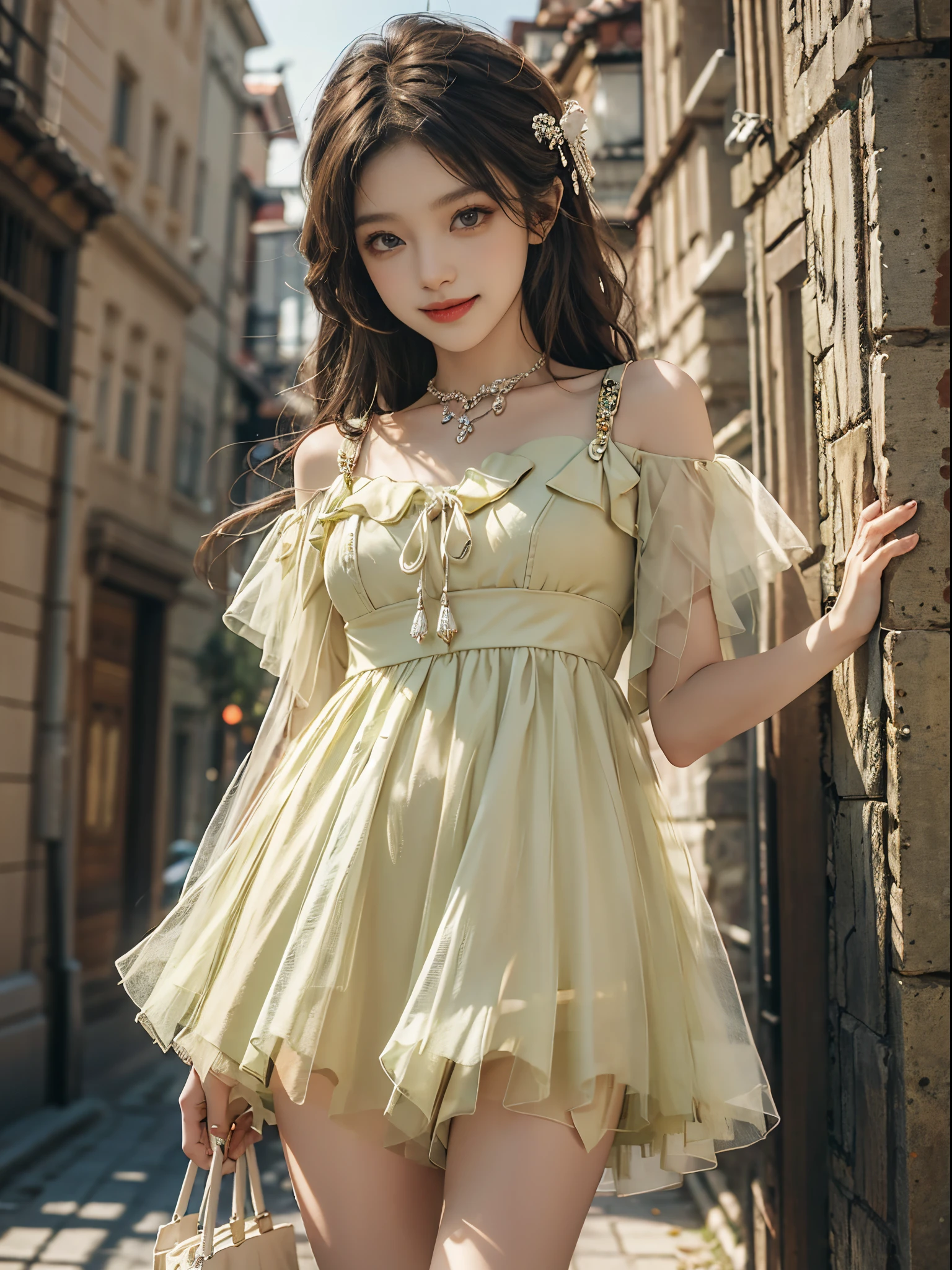 Sweet girl clothes9,yellow dress,, fashi-girl, ((cowboy shot)), A beautyful girl, a young female model, Random pose, posing elegantly, visually appealing, tmasterpiece, (Best quality at best, 4K, 8K, A high resolution, tmasterpiece:1.2), a warm color palette, ultra - detailed, Ultra-fine painting, delicated face, long slim figure, slim, largeeyes, pretty eyes, Hefty Smile, Random shooting angle, Random scenes