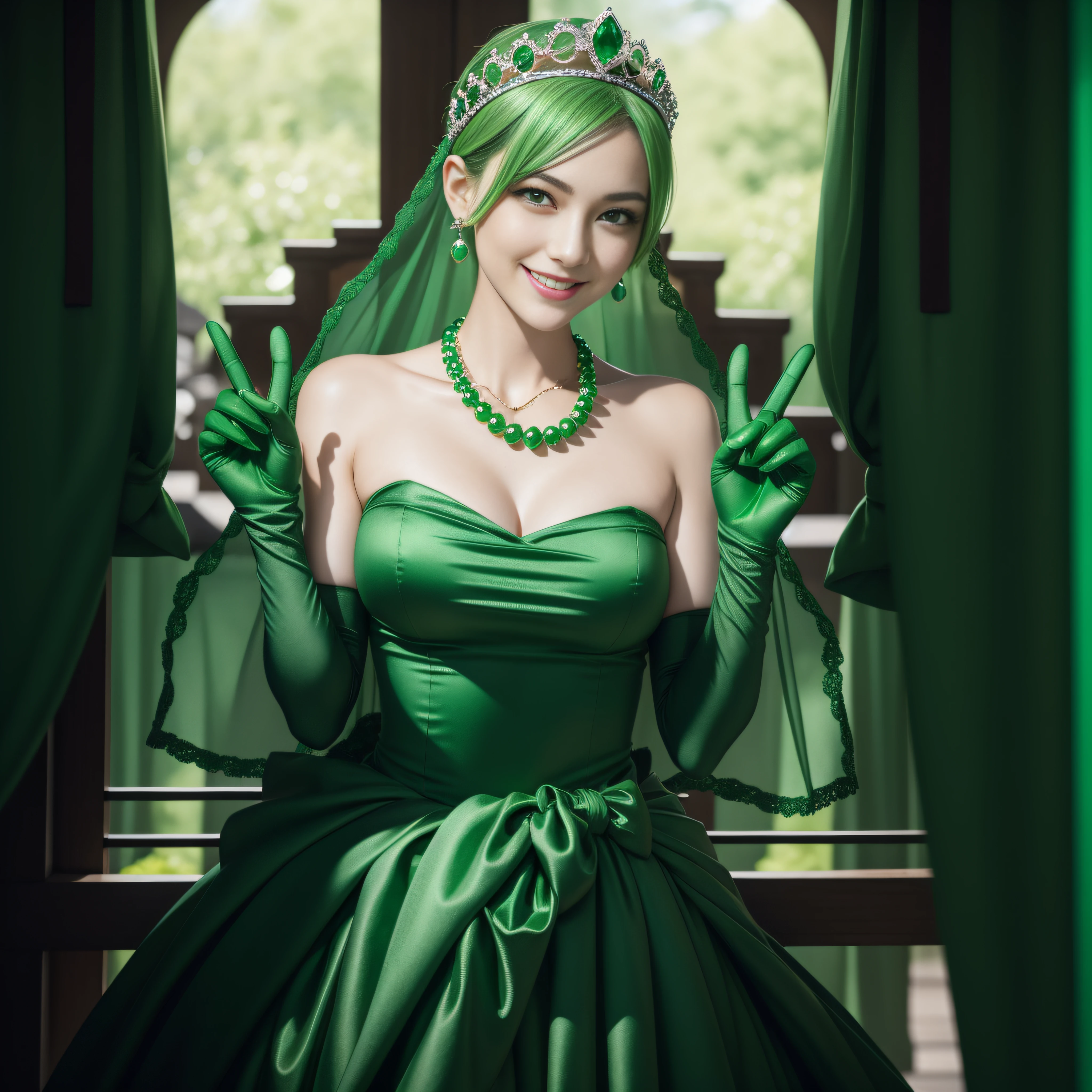 emerald tiara, Green Pearl Necklace, Boyish very short green hair, lipsticks, Japan woman smiling, very short short hair, big breasts beautiful, Green eyes, Long green gloves made of satin material, Green eyes, Emerald Earrings, green vale, v sign