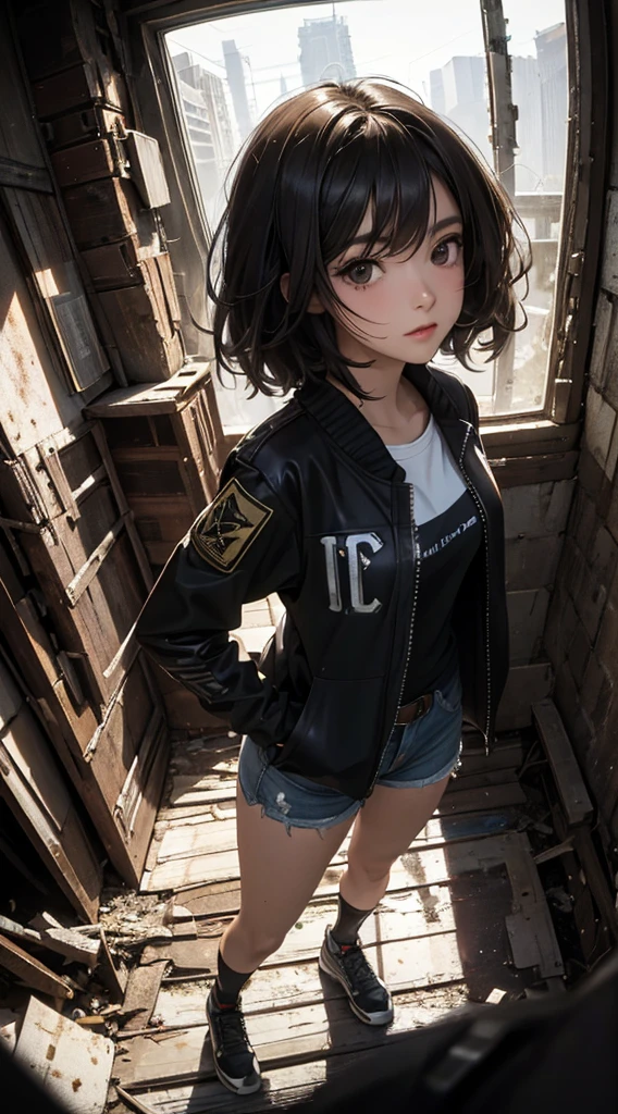 ((8k wallpaper of extremely detailed CG unit, ​masterpiece, hight resolution, top-quality)), (Beautuful Women, Hands in pockets:1.8, Grunge Fashion:1.2, Wearing a blouson:1.2, Wearing micro mini shorts:1.2, Wearing shoes:1.1), ((extra detailed face, Highly detailed black eyes, extra detailed body, Top quality real texture skins)), (A dark-haired, hair messy, de pele branca), (Apocalypse, abandoned building interior), (high-angle:1.2, Fisheye:1.3), hyper realisitic, digitial painting,