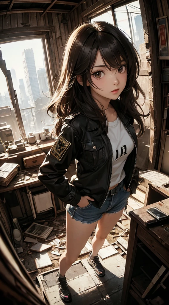 ((8k wallpaper of extremely detailed CG unit, ​masterpiece, hight resolution, top-quality)), (Beautuful Women, Hands in pockets:1.8, Grunge Fashion:1.2, Wearing a blouson:1.2, Wearing micro mini shorts:1.2, Wearing shoes:1.1), ((extra detailed face, Highly detailed black eyes, extra detailed body, Top quality real texture skins)), (A dark-haired, hair messy, de pele branca), (Apocalypse, abandoned building interior), (high-angle:1.2, Fisheye:1.3), hyper realisitic, digitial painting,