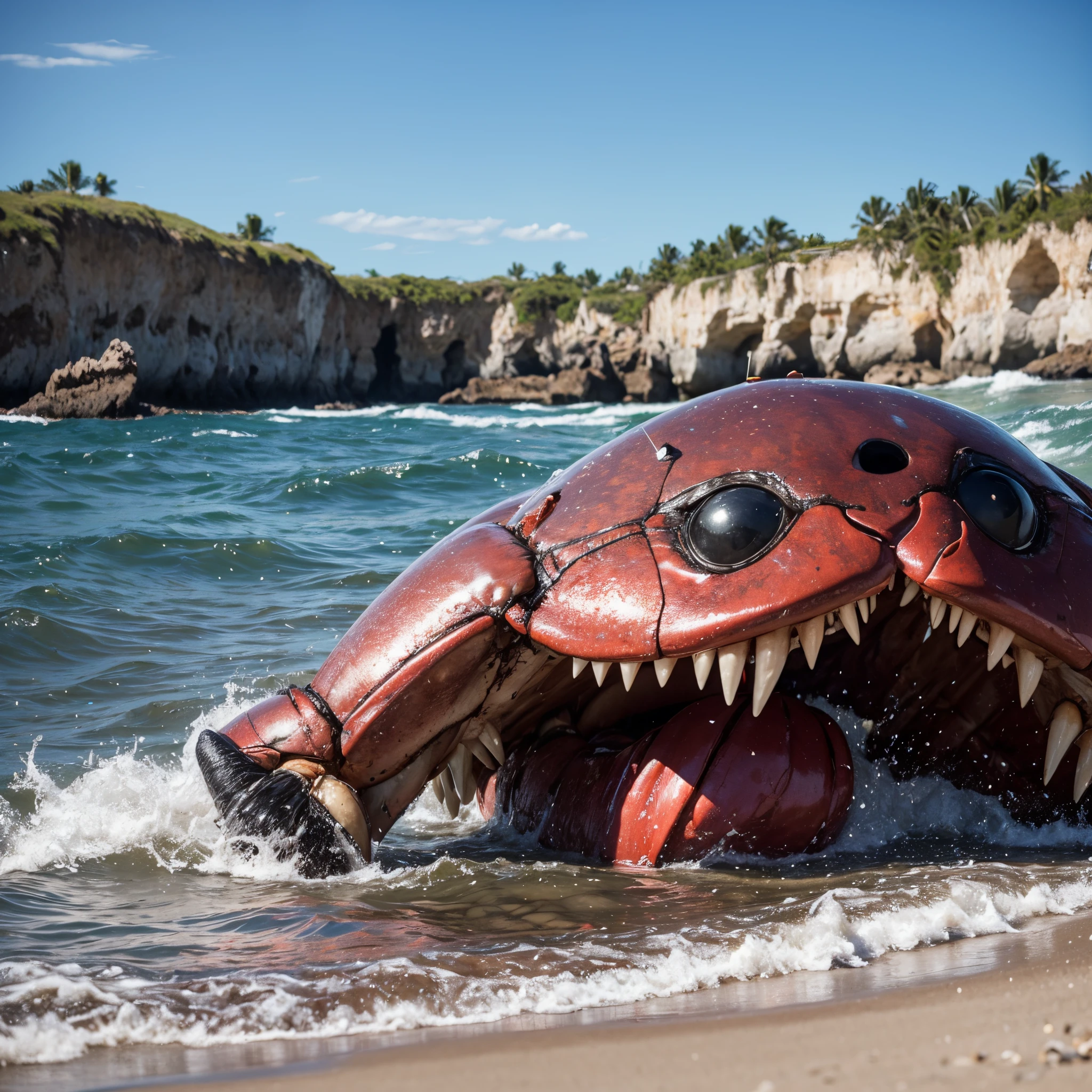 A scary monster is on the beach, it has the lower body of a crab and the head of a toothy fish. It is open mouthed threatening to attack. Show it from head to toe
