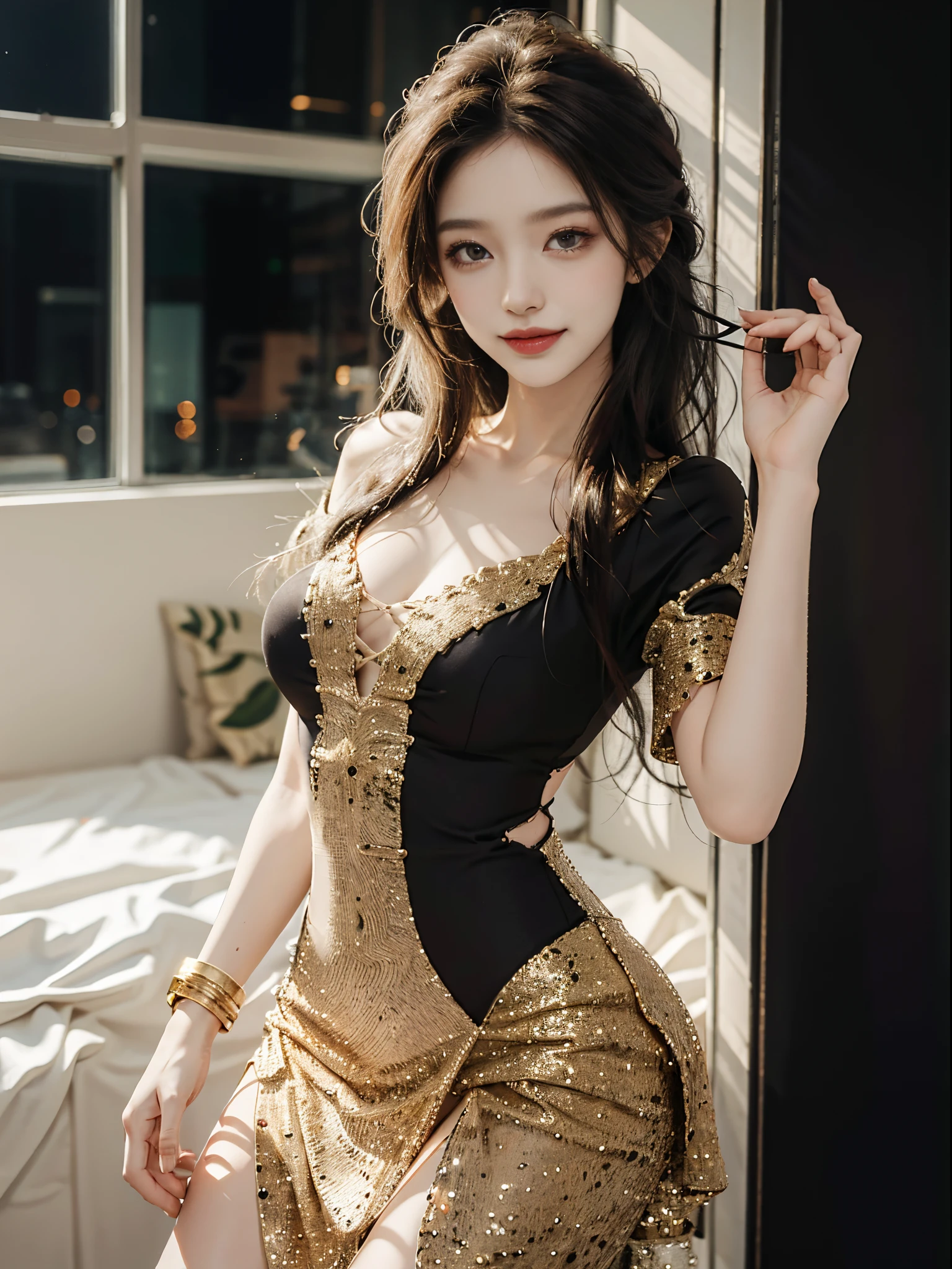 dress, fashi-girl, ((cowboy shot)), A beautyful girl, a young female model, Random pose, posing elegantly, visually appealing, tmasterpiece, (Best quality at best, 4K, 8K, A high resolution, tmasterpiece:1.2), a warm color palette, ultra - detailed, Ultra-fine painting, delicated face, long slim figure, slim, largeeyes, pretty eyes, Hefty Smile, Random shooting angle, Random scenes
