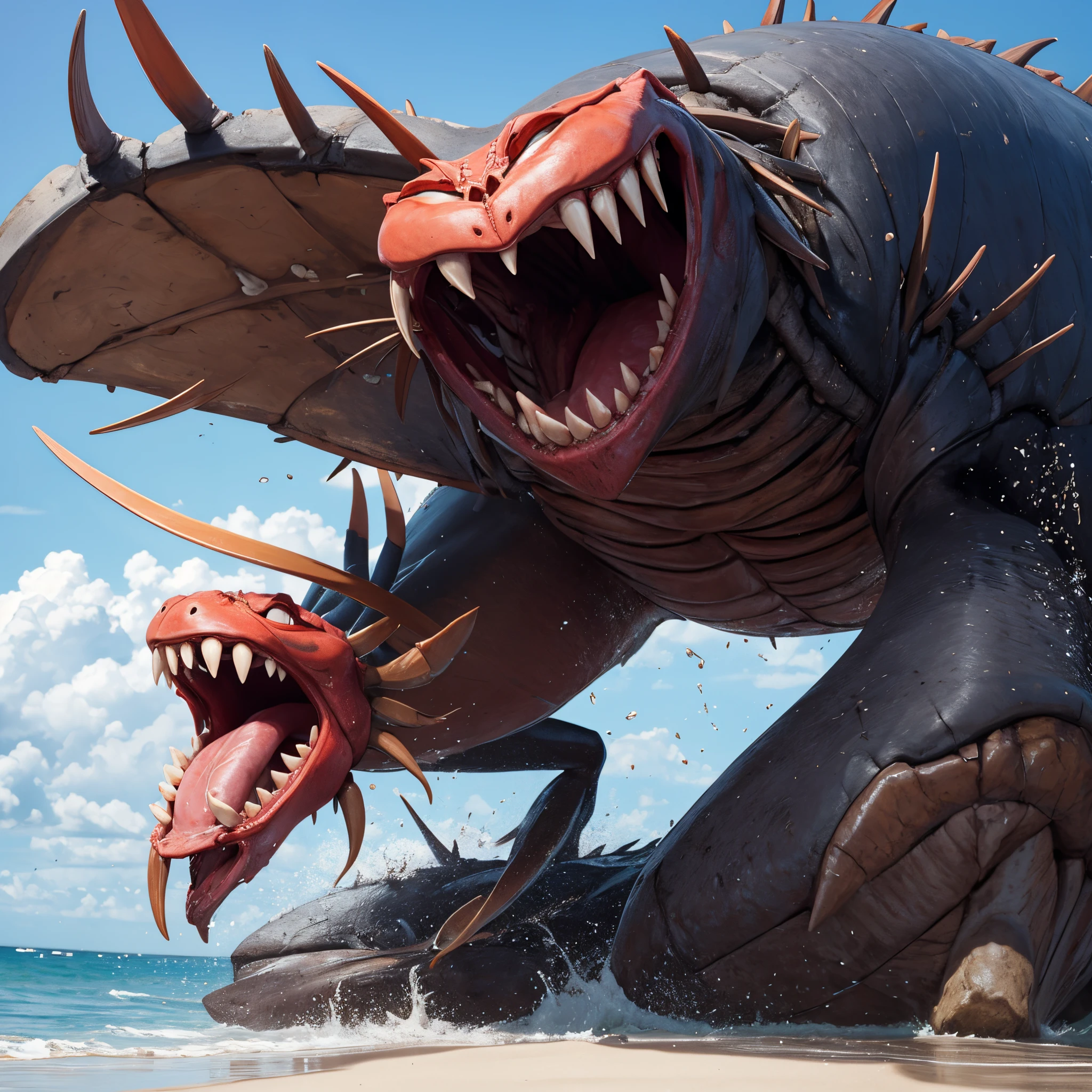 A scary monster is on the beach, it has the lower body of a crab and the head of a toothy fish. It is open mouthed threatening to attack. Show it from head to toe