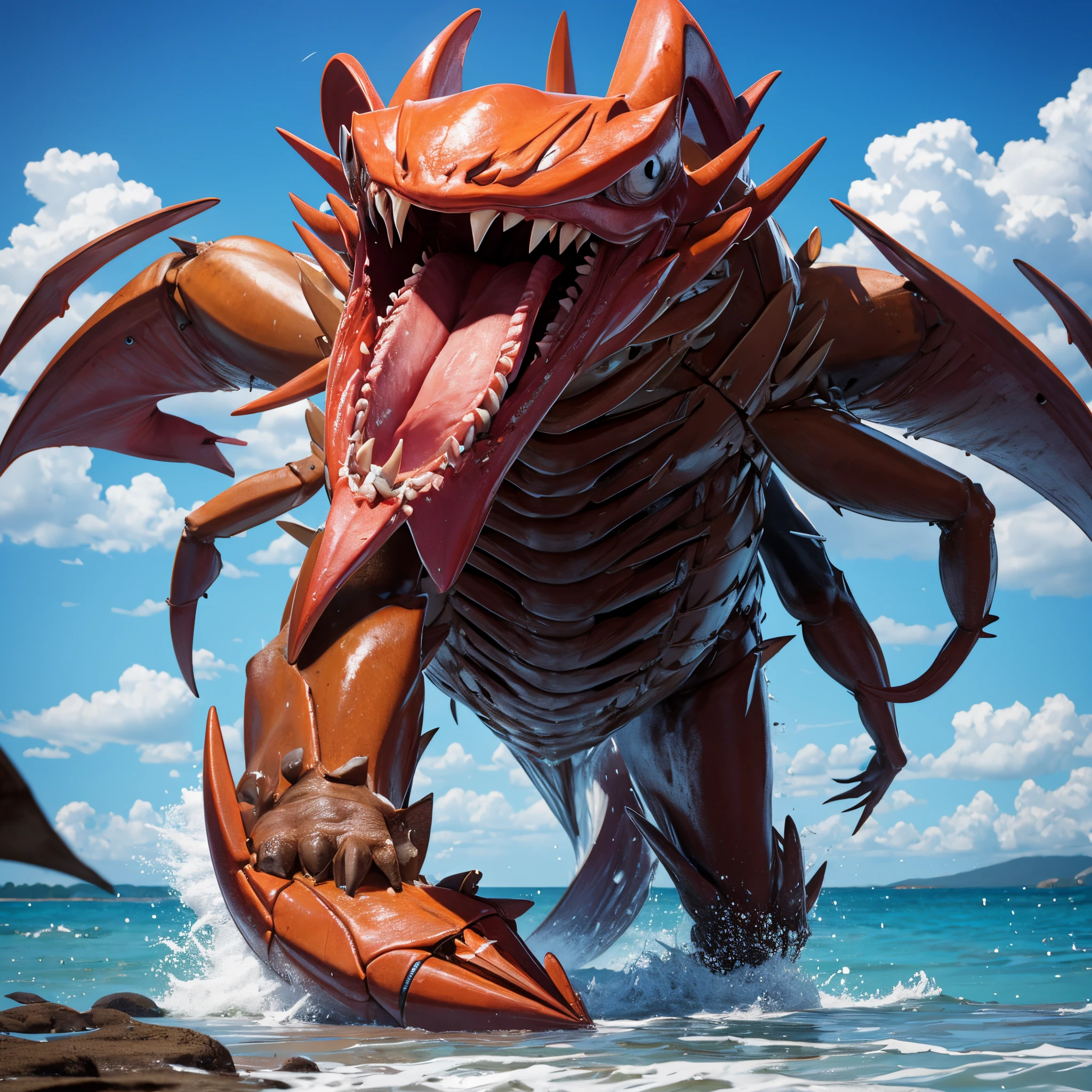 A scary monster is on the beach, it has the lower body of a crab and the head of a toothy fish. It is open mouthed threatening to attack. Show it from head to toe