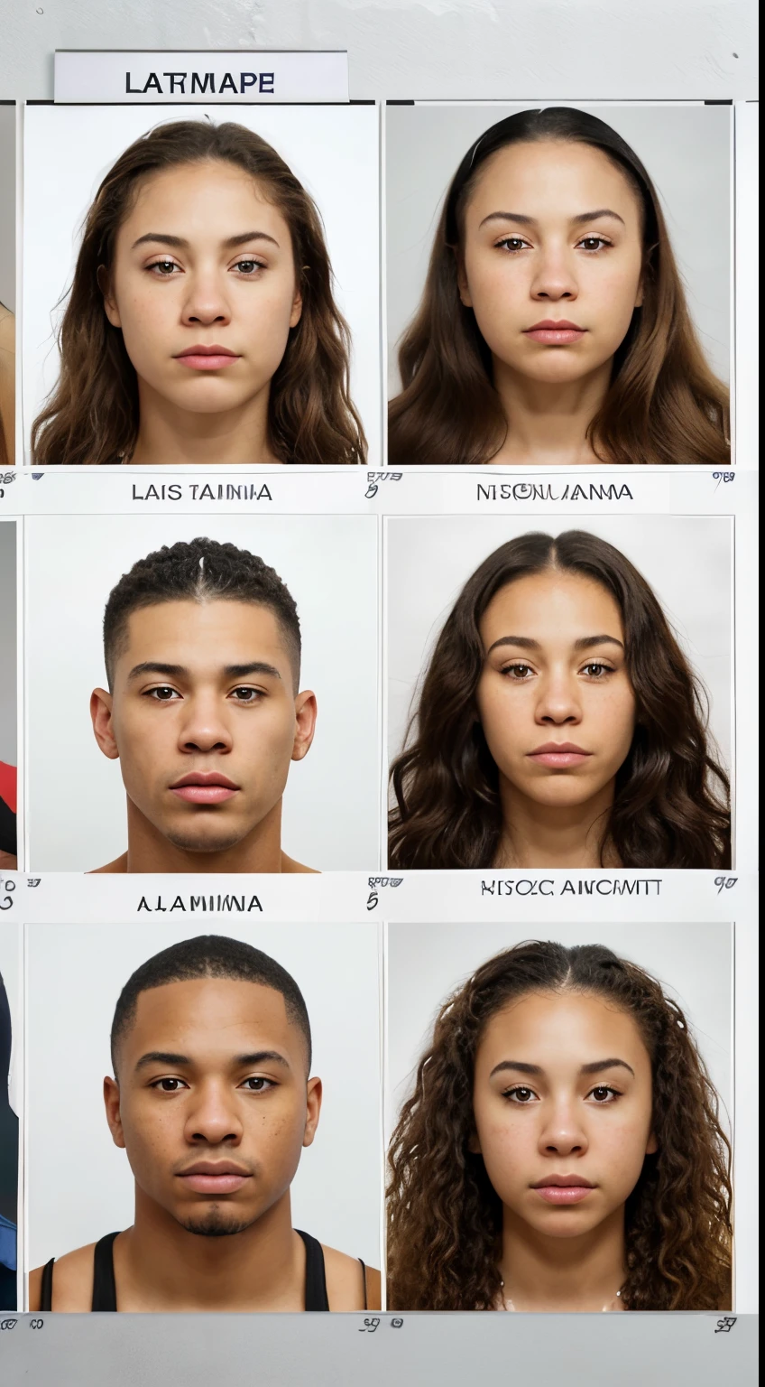 A photo realistic poster board of alleged gang members, young African Americans or Latinos or Latinas, shown from left the right. The alleged gang members will be shown with their photorealistic, hyper realistic, human like, life like, cinematic, dark grey background mugshots and under them will be enough white space for their names written in small black ink along with their nicknames. Separate the large poster into two large halves, with the mugshots and their names/nicknames being at the top of the page and then at the bottom of the page leave a large white blank space.