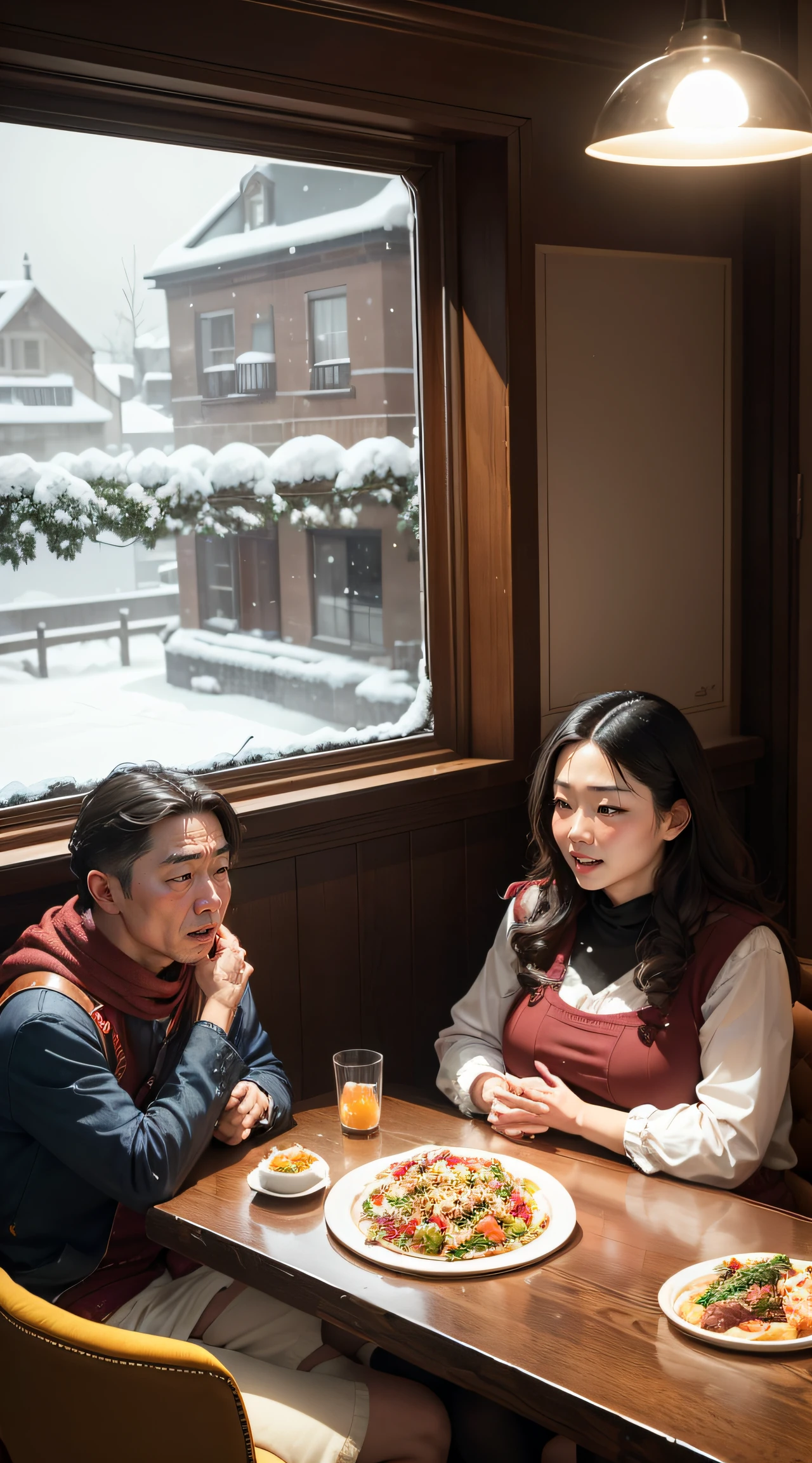 There are many people sitting at a table eating together，Heavy snow outside the window，Family eating at restaurant table, Tofu potatoes, Happy family, Family dinner, food commercial 4 k, Movie Promotional Image, advertising photograph, food advertisement, Happy family, a still of a happy, promotional render, Warm and joyful atmosphere, by Ni Yuanlu, promotional images, Super realistic food pictures, 8k octan advertising photo, Propaganda art，Heavy snow outside the window，The face  carefully depicted，Court dinner, people inside eating meals,a joyful atmosphere,fireworks atmosphere，Super realistic food pictures， restaurant interior photography, Food close-up on the table，fine dining, look at the details, sparkling atmosphere，The food was realistic，hot food，a gourmet feast， realistic fantasy rendering， --auto