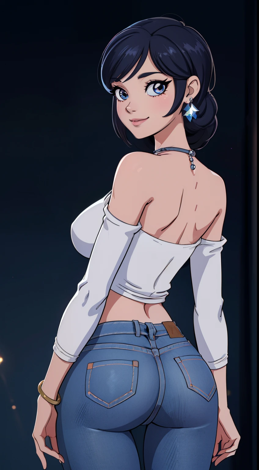8K, Masterpiece, RAW photo, Best quality, detail:1.2),Photorealistic, Extremely detailed CG unifies 8K, 8K, Diamond, and wallpaper, Depth of field, Cinematic light, Lens flare, Ray tracing,
(Extremely beautiful face, Beautiful 1girll, In the dark, deepshadow,
Pretty Korean girl, Kpop idol,(Very slim and slender muscular body:1.3), ((view the viewer)),(Big smile), (skintight jeans),(denim pant), (Injection sleeve) , (City Night,, (Night), Pretty Korean girl, Earrings, bangle, necklace, Pantyhose, Walking , (Pale skin), Face forward, (Big eyes), ((upperbody shots)), her back to us, backview, Turn Back, Back shot, Very slim, slander,Quite upturned ass,(Hand pinching ass),Hand pinching ass,