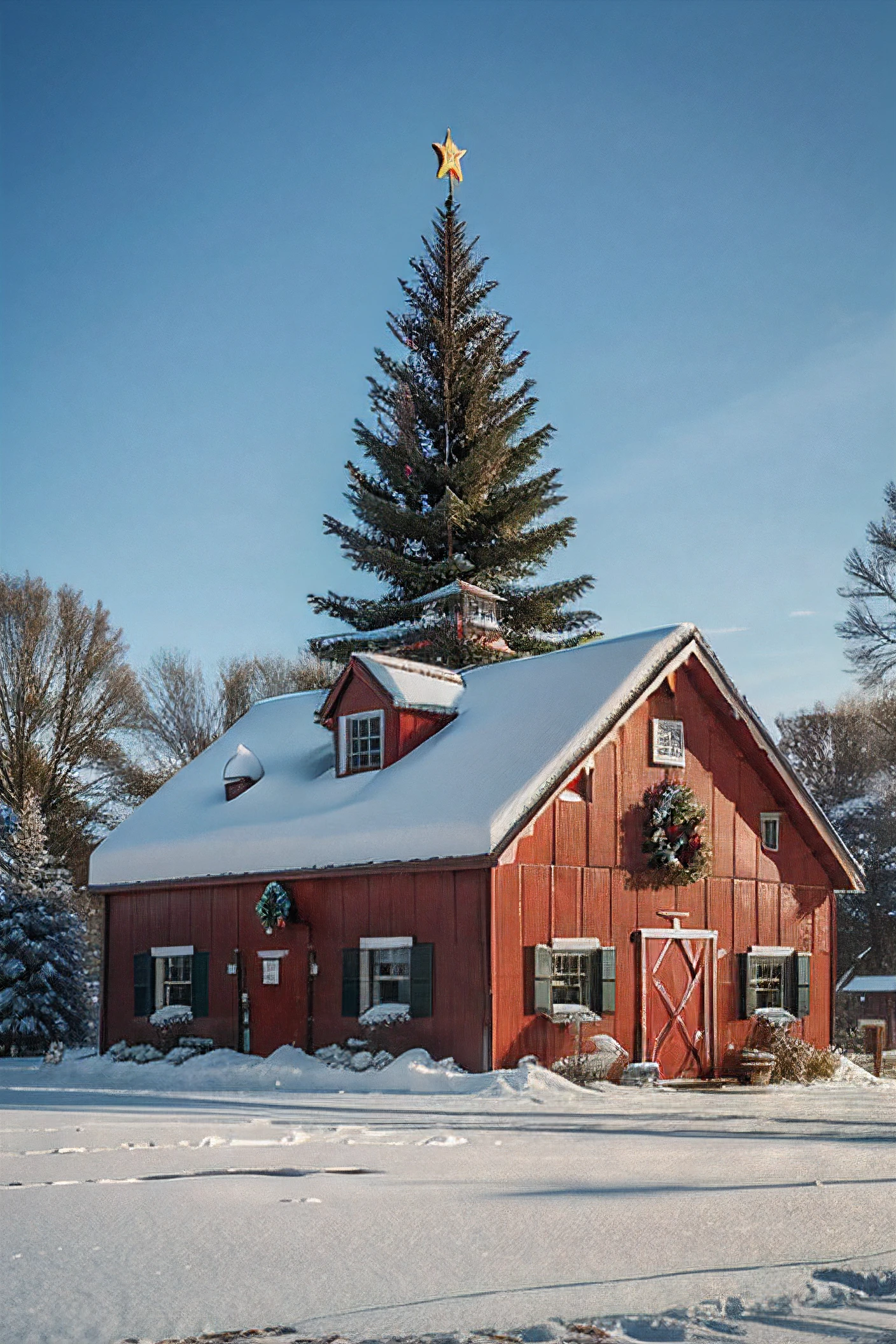 red barn, christmas decorations, Cartoon Image, snowfall, Many Christmas trees