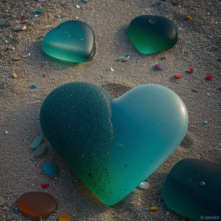 Beach, colored sea glass. Heart