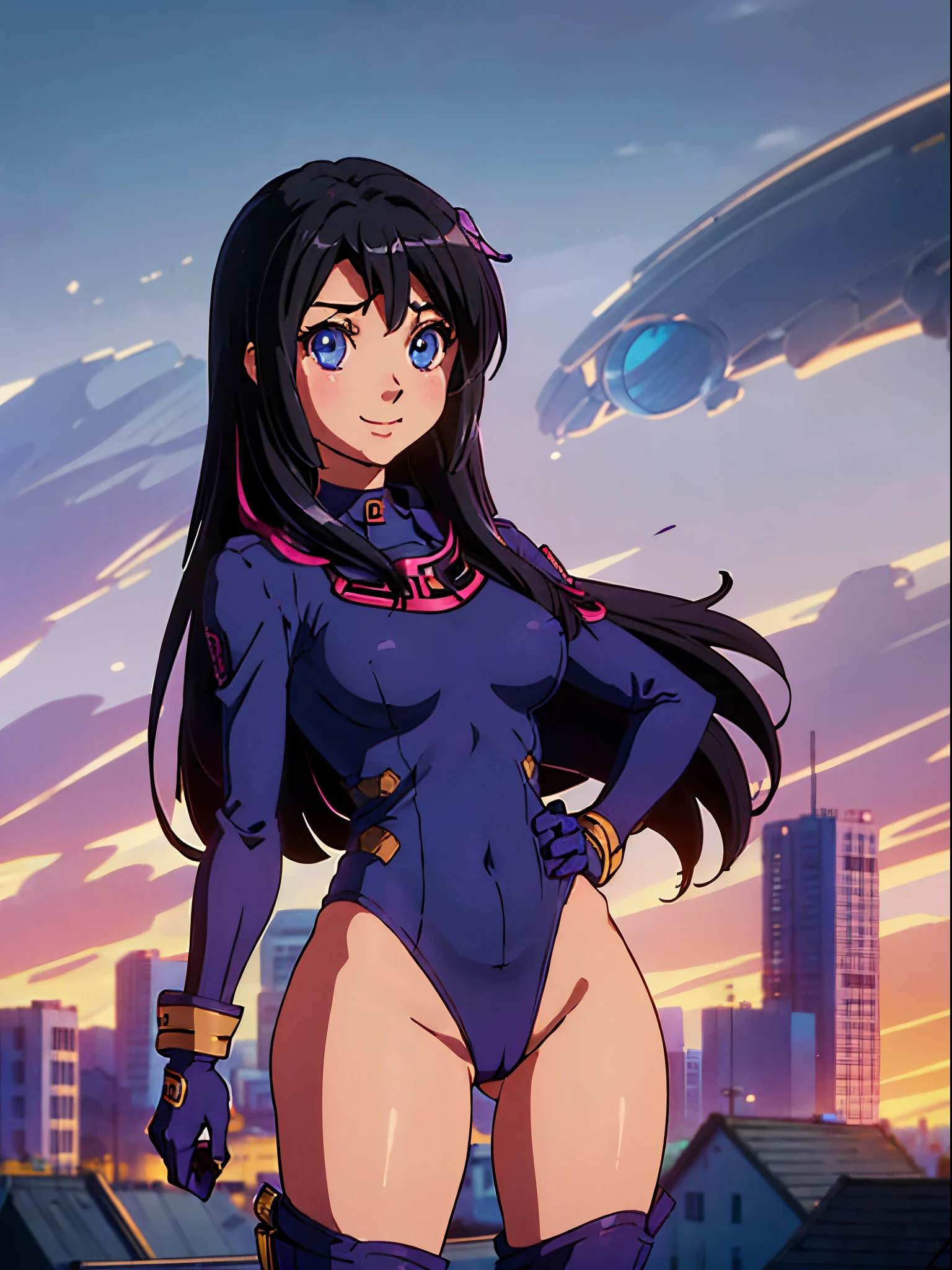 1girl, medium breasts, leotard, bare legs, gloves, boots, superhero, standing, hands on hip, city backdrop, (beautiful detailed eyes:1.6), (perfect hands, perfect anatomy), reina kousaka, smile, long hair