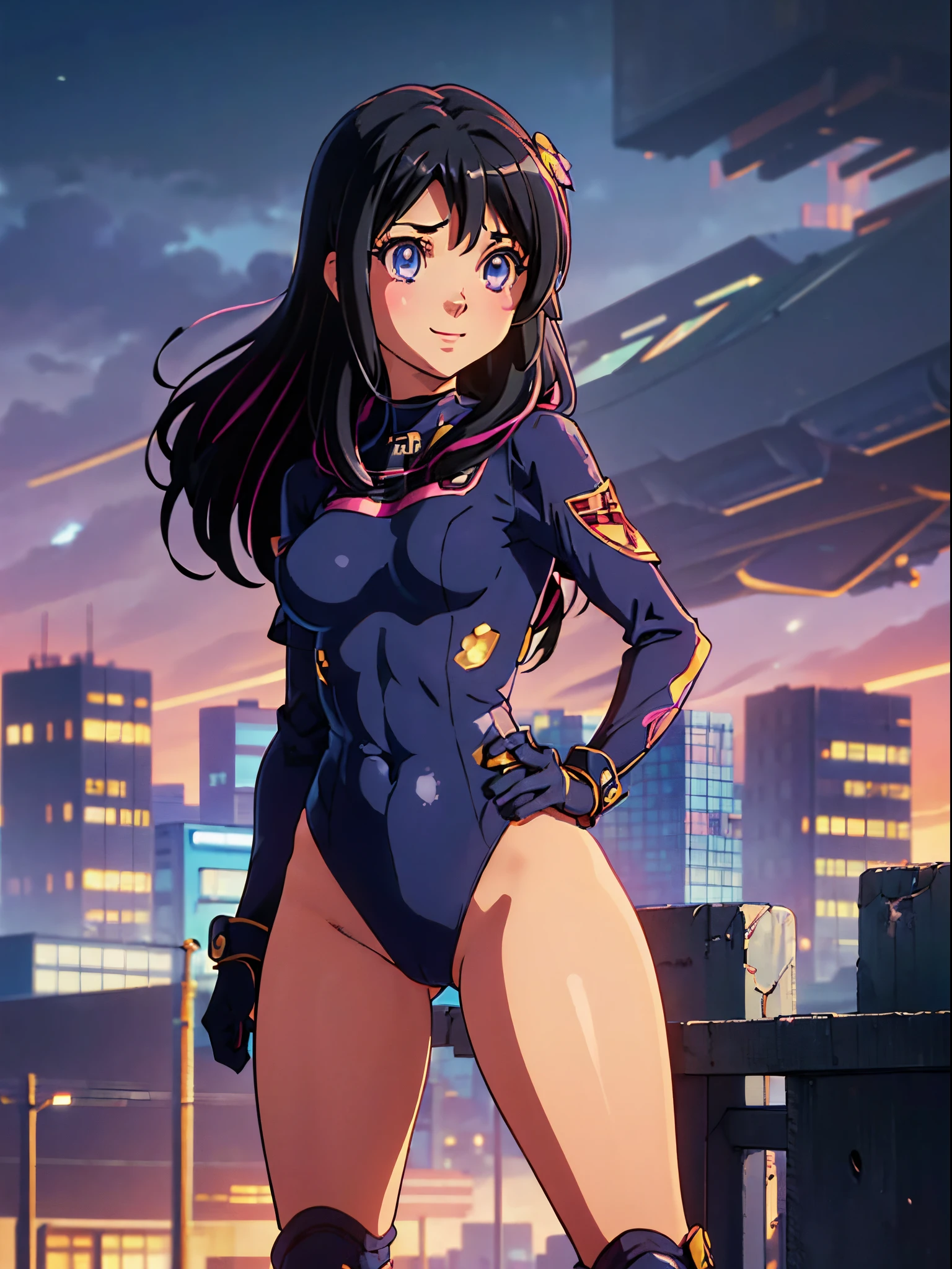 1girl, medium breasts, leotard, bare legs, gloves, boots, superhero, standing, hands on hip, city backdrop, (beautiful detailed eyes:1.6), (perfect hands, perfect anatomy), reina kousaka, smile, long hair