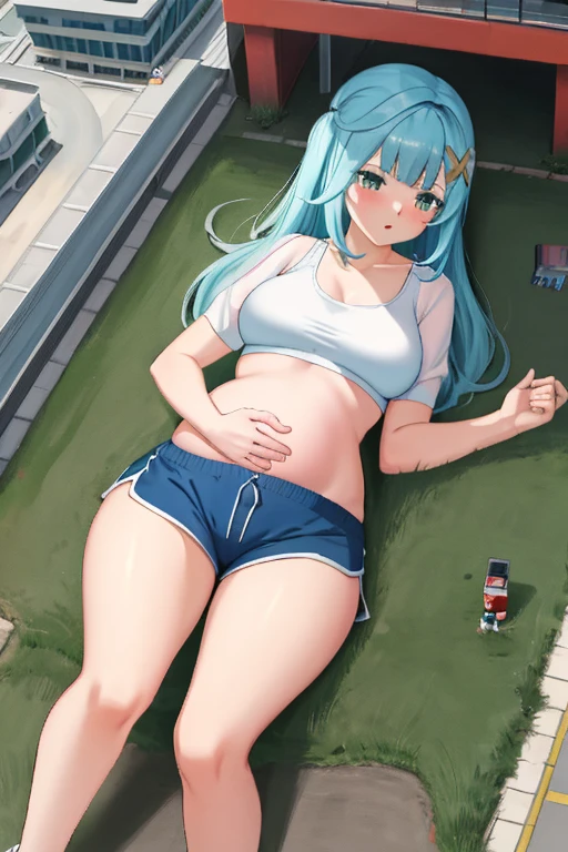 Giantess, long sexy legs, yellow hair, bikini, lying on the ground, city at her feet burns in flames for the destruction she has caused, tiny people climb on her body to try to defeat her uselessly. Giantess, goddess, macrophilia, curvaceous body, hentai, fetish, sexy legs, bikini, high heels, high quality, tiny people, people climbing body, giantess body, small people