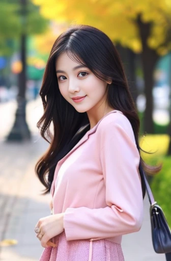 Beautiful woman with good eyes and nose、Beautiful as a model、Cute like a model、Eyes are double、How to use regular mascara、Eye color blue、Hair color pink、Her face is delicate and elegant.、8k picture、Beautiful style like a model、Ordinary large、A refreshing and lovely smile、plain orange mini skirt、Because the season is getting colder、Wear a brightly colored down jacket、A park-like place in a busy downtown area during school holidays、Sunny bright day、Pose like a model、Overall portrait、Snapshots、Glamaloid Smile、Beautiful and delicate face like a model、Best Quality、masuter piece、